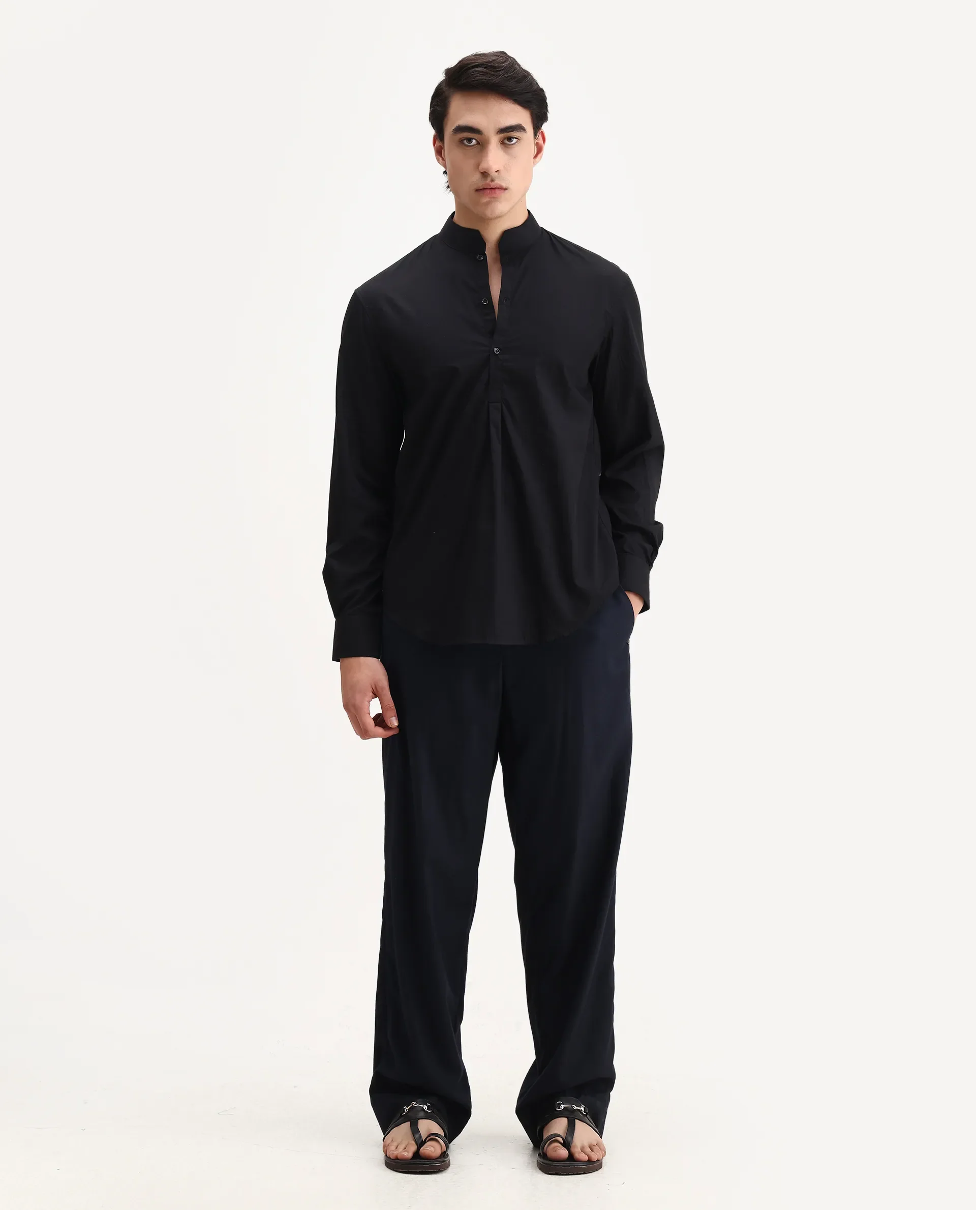 Rare Rabbit Men's Shin Black Cotton Plain Regular Fit Full Sleeve Mandarin Collar Shirt - Image 7