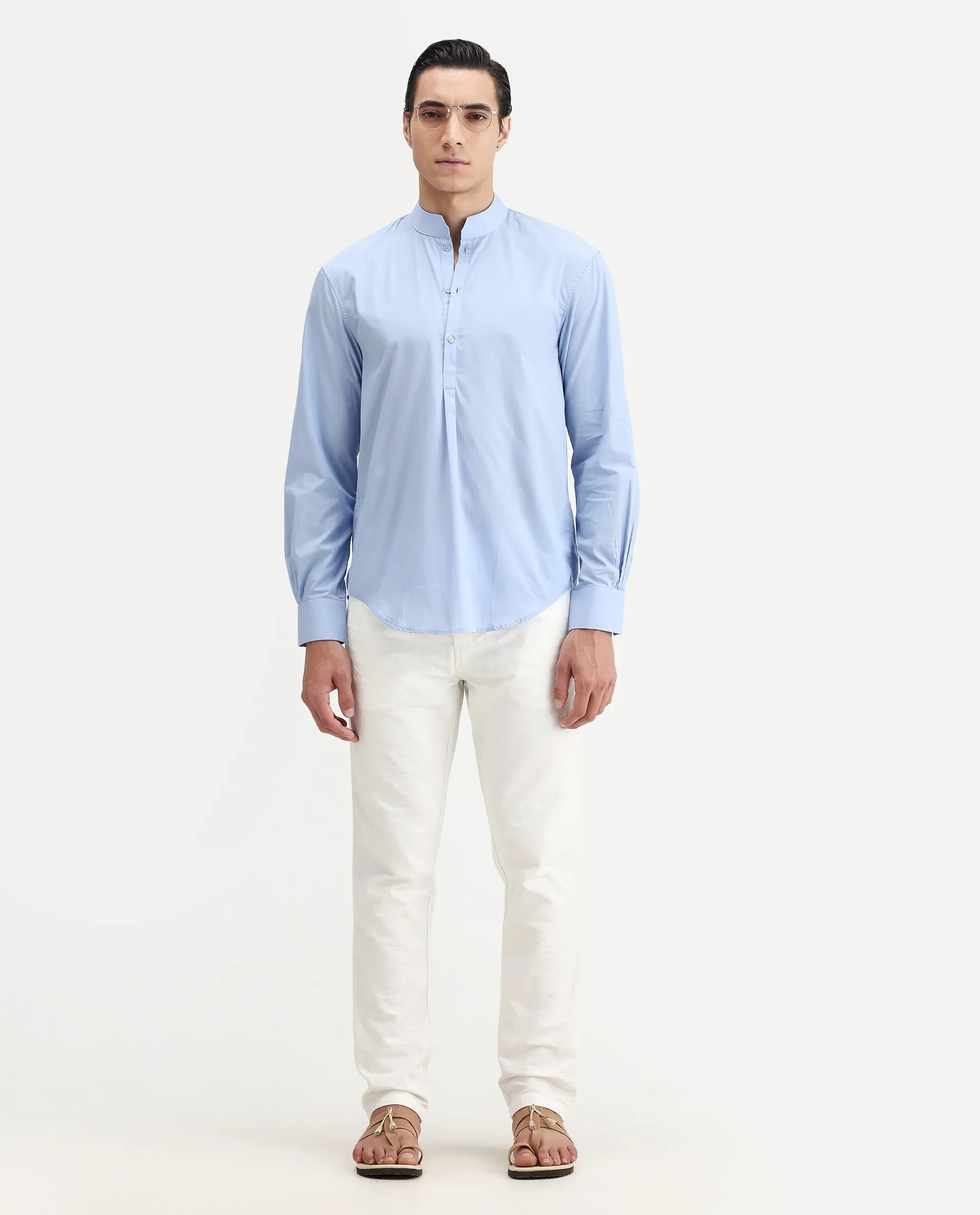 Rare Rabbit Men's Shin Pastel Blue Cotton Plain Regular Fit Full Sleeve Mandarin Collar Shirt - Image 2