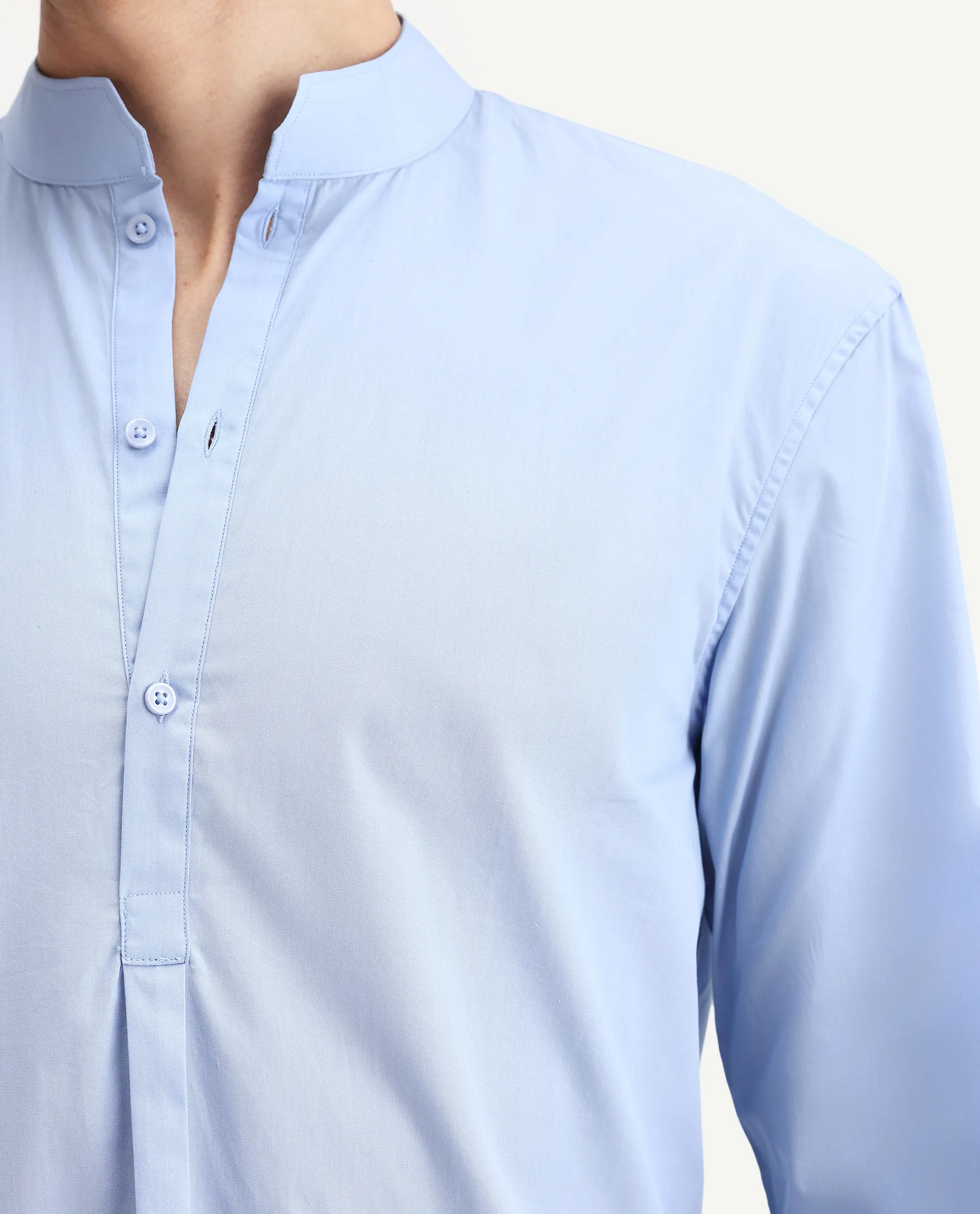 Rare Rabbit Men's Shin Pastel Blue Cotton Plain Regular Fit Full Sleeve Mandarin Collar Shirt - Image 3