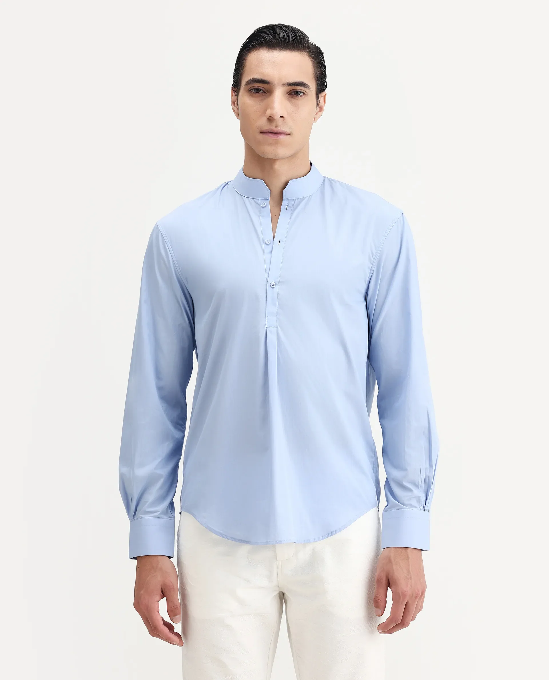Rare Rabbit Men's Shin Pastel Blue Cotton Plain Regular Fit Full Sleeve Mandarin Collar Shirt - Image 4