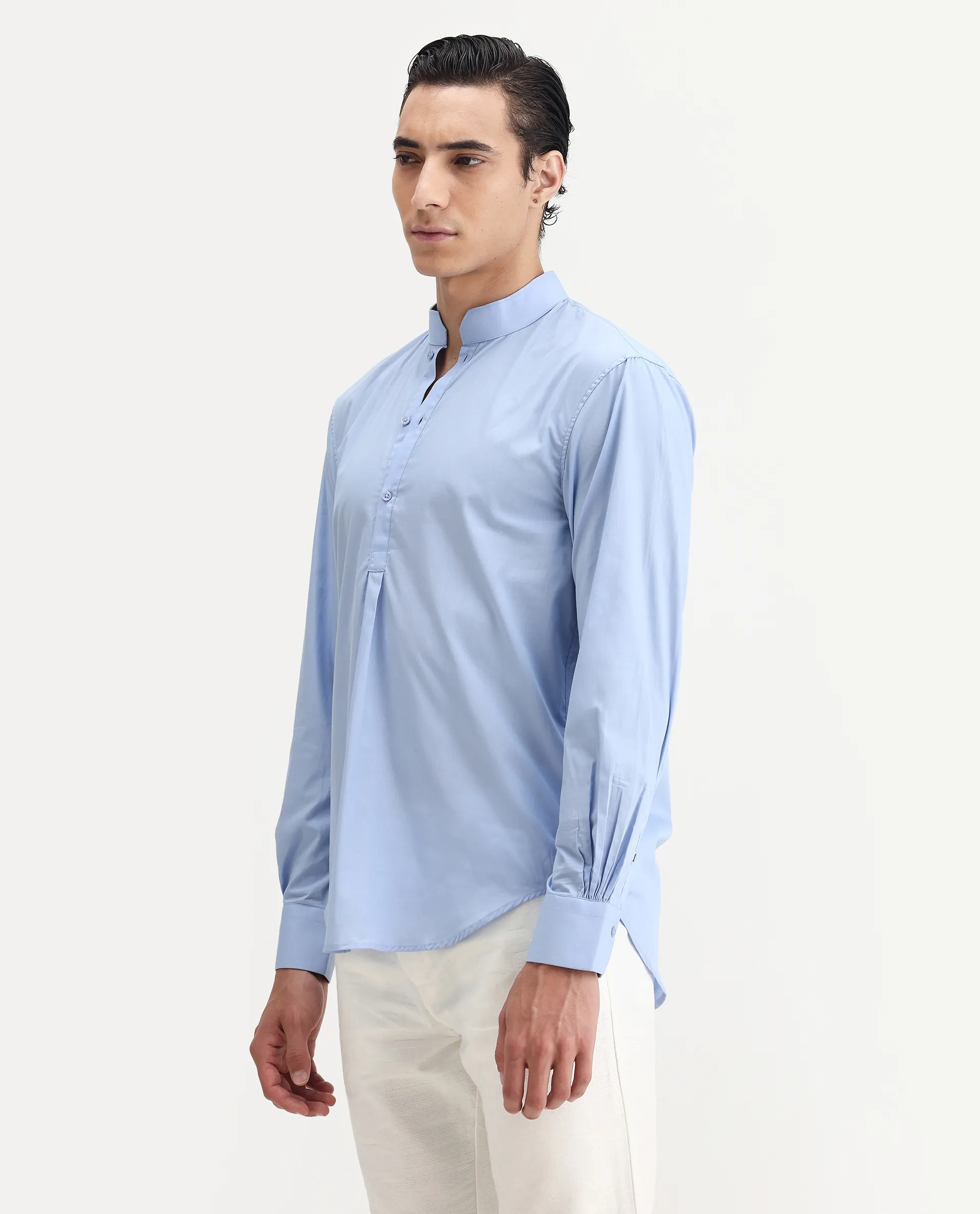 Rare Rabbit Men's Shin Pastel Blue Cotton Plain Regular Fit Full Sleeve Mandarin Collar Shirt - Image 5