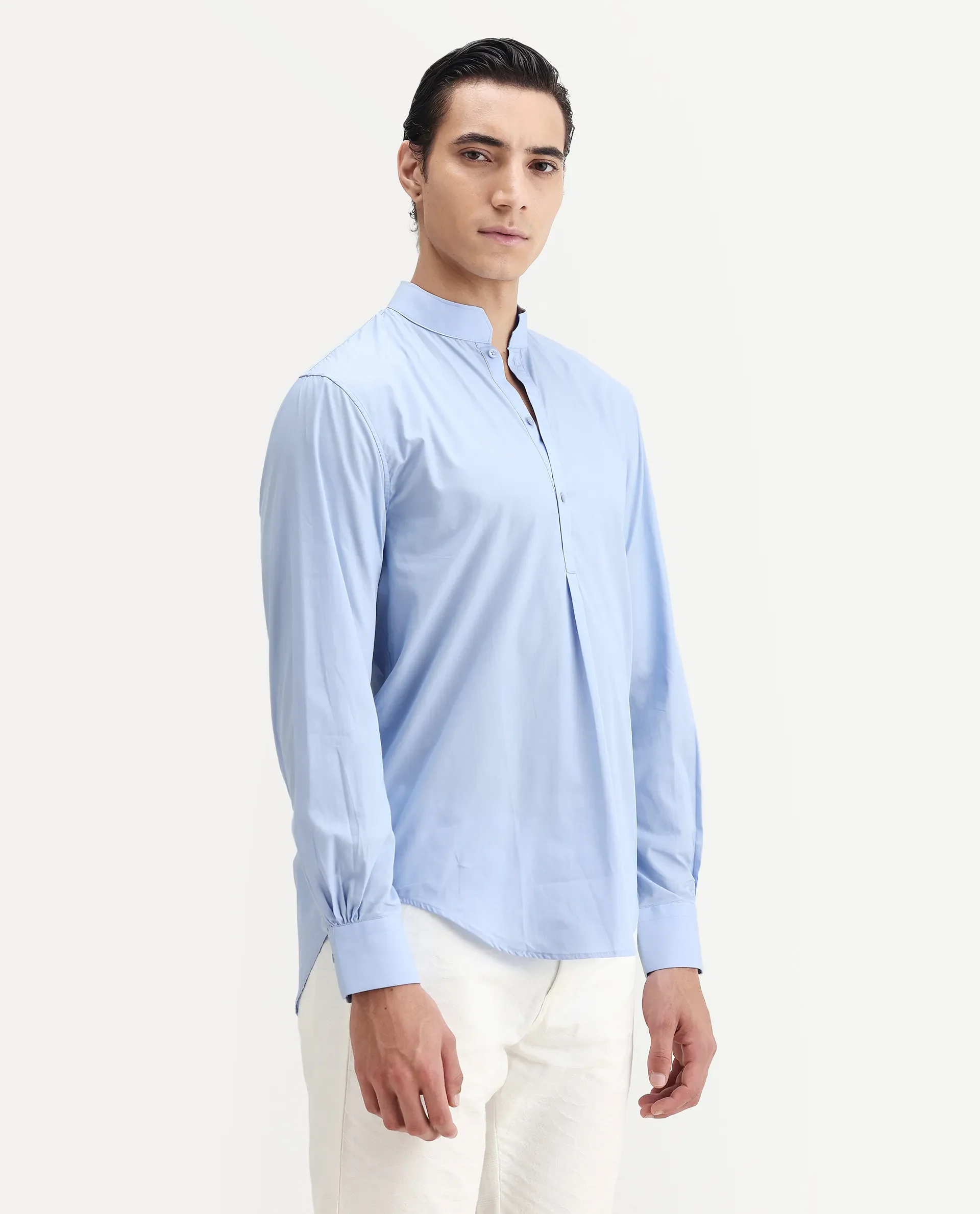 Rare Rabbit Men's Shin Pastel Blue Cotton Plain Regular Fit Full Sleeve Mandarin Collar Shirt - Image 6