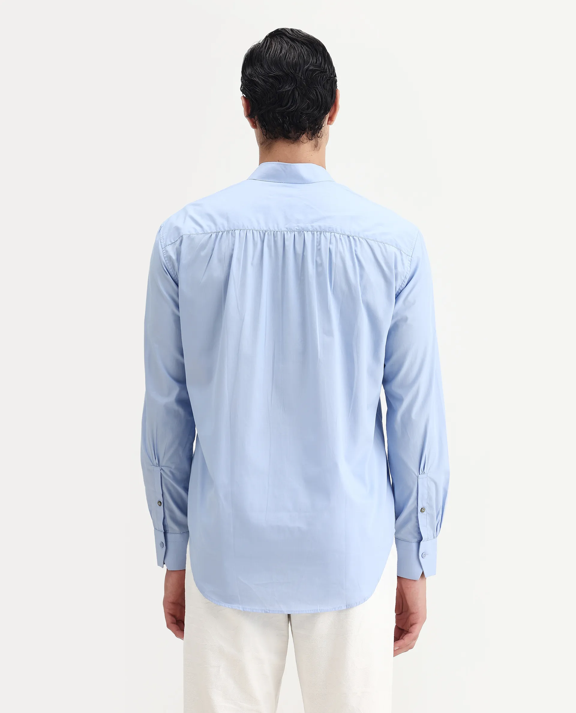 Rare Rabbit Men's Shin Pastel Blue Cotton Plain Regular Fit Full Sleeve Mandarin Collar Shirt - Image 8