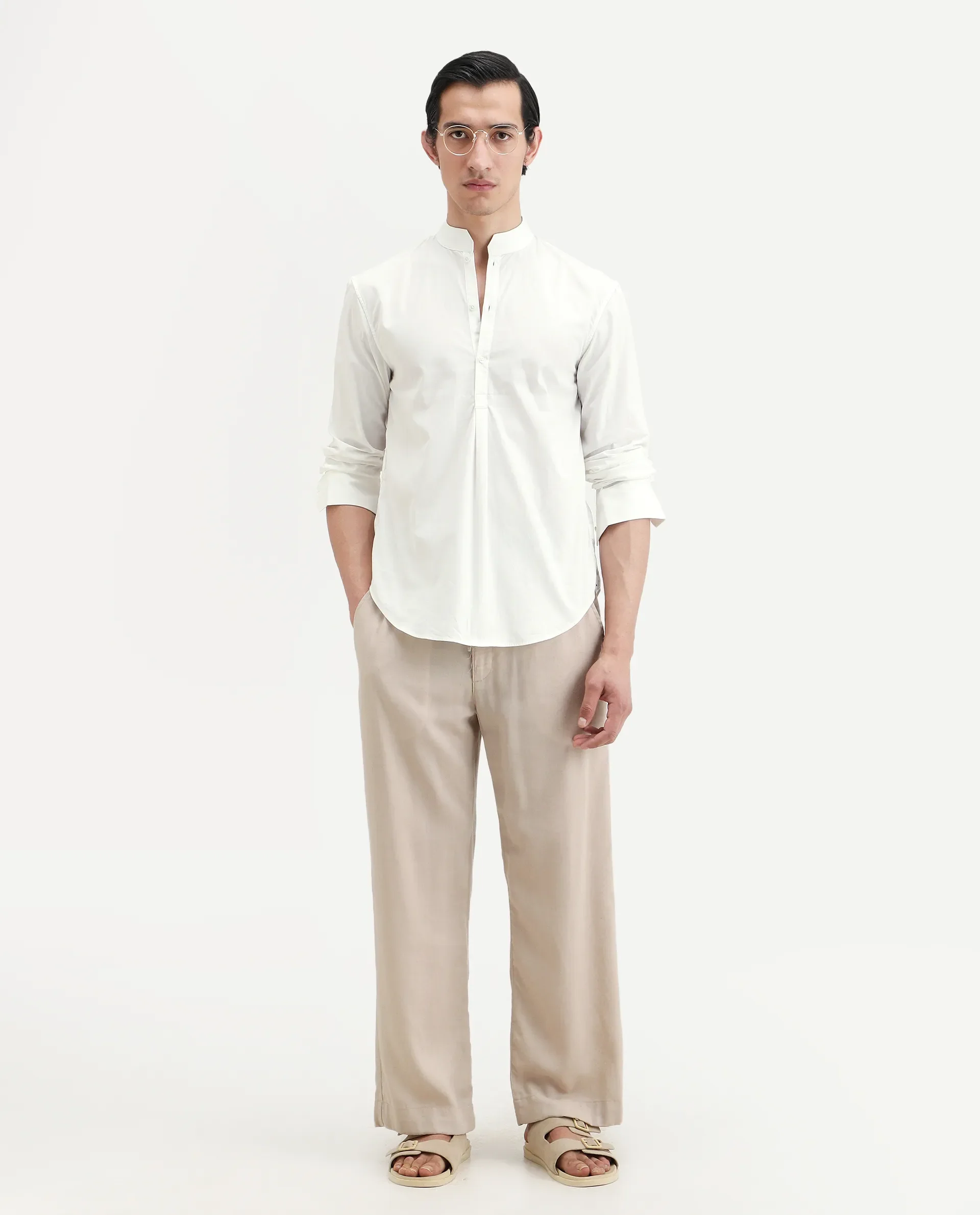 Rare Rabbit Men's Shin White Cotton Plain Regular Fit Full Sleeve Mandarin Collar Shirt - Image 2