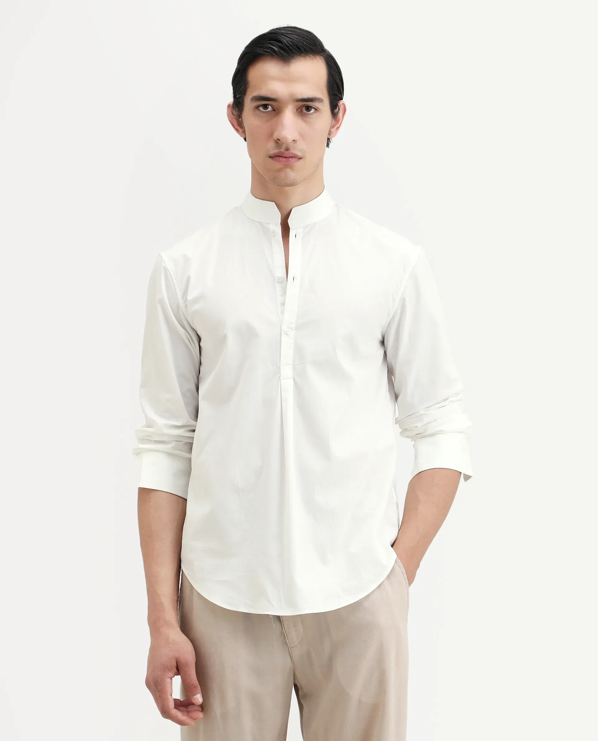Rare Rabbit Men's Shin White Cotton Plain Regular Fit Full Sleeve Mandarin Collar Shirt - Image 3