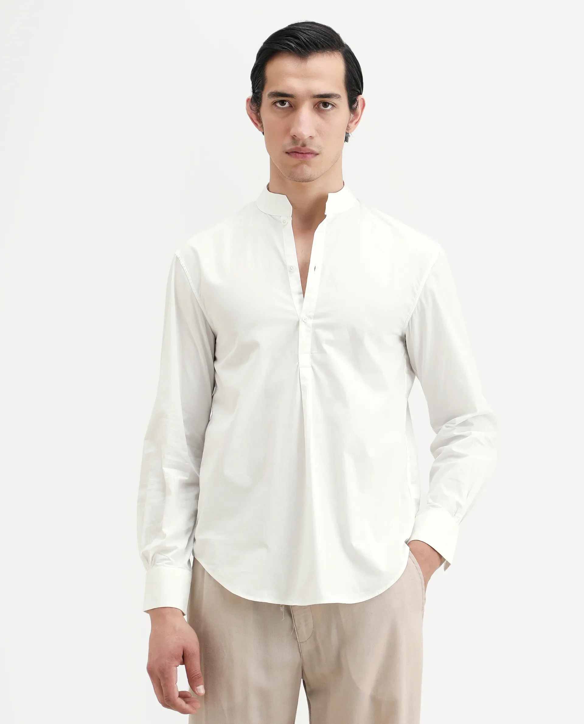 Rare Rabbit Men's Shin White Cotton Plain Regular Fit Full Sleeve Mandarin Collar Shirt - Image 4