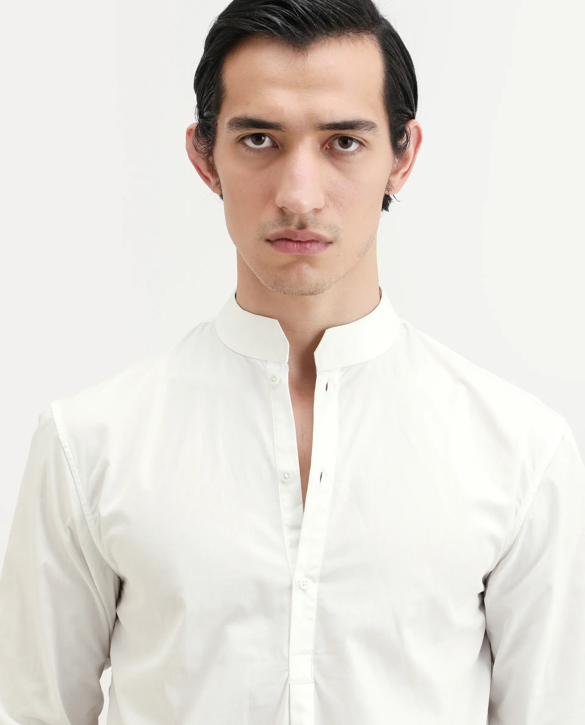 Rare Rabbit Men's Shin White Cotton Plain Regular Fit Full Sleeve Mandarin Collar Shirt - Image 5
