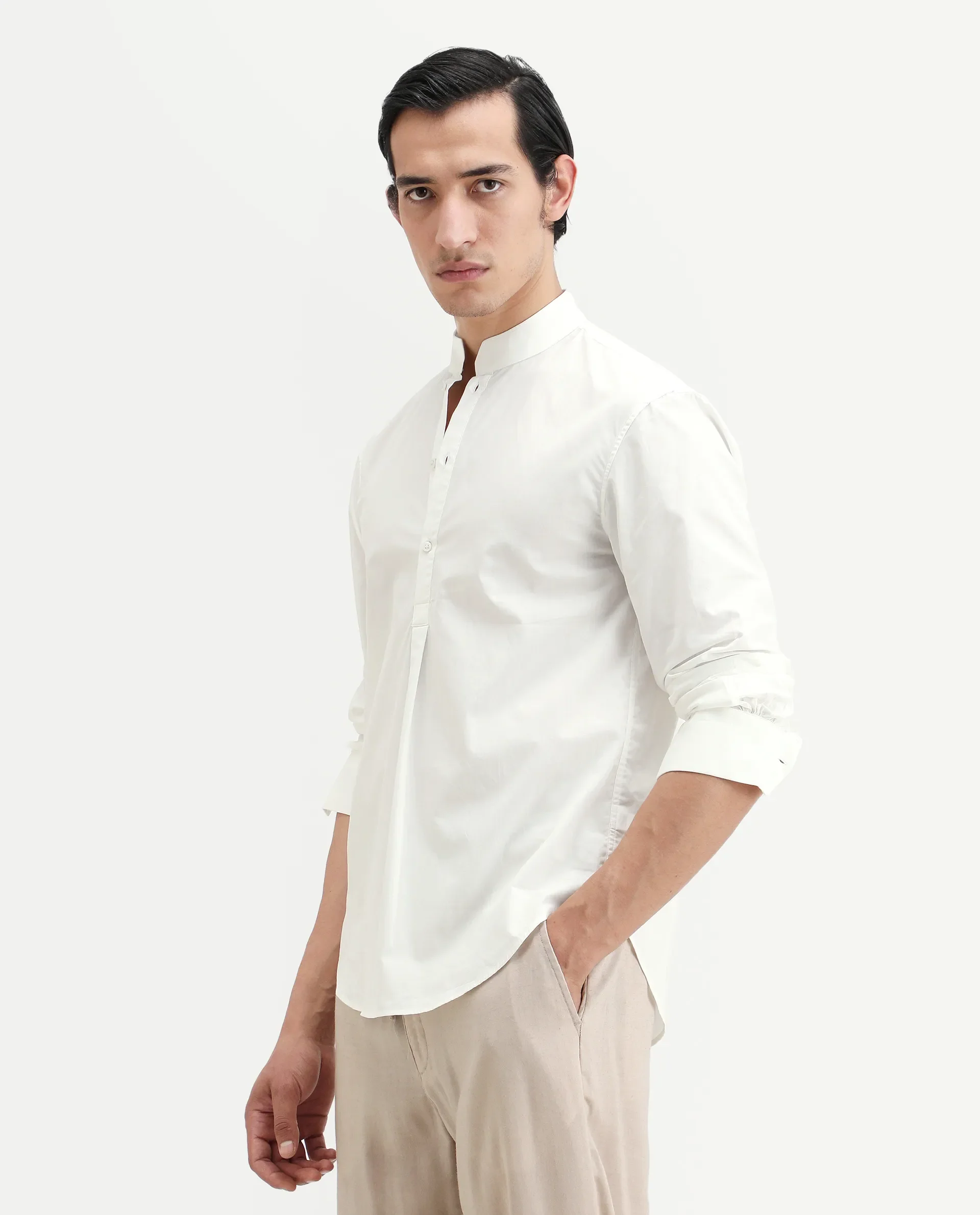 Rare Rabbit Men's Shin White Cotton Plain Regular Fit Full Sleeve Mandarin Collar Shirt - Image 7