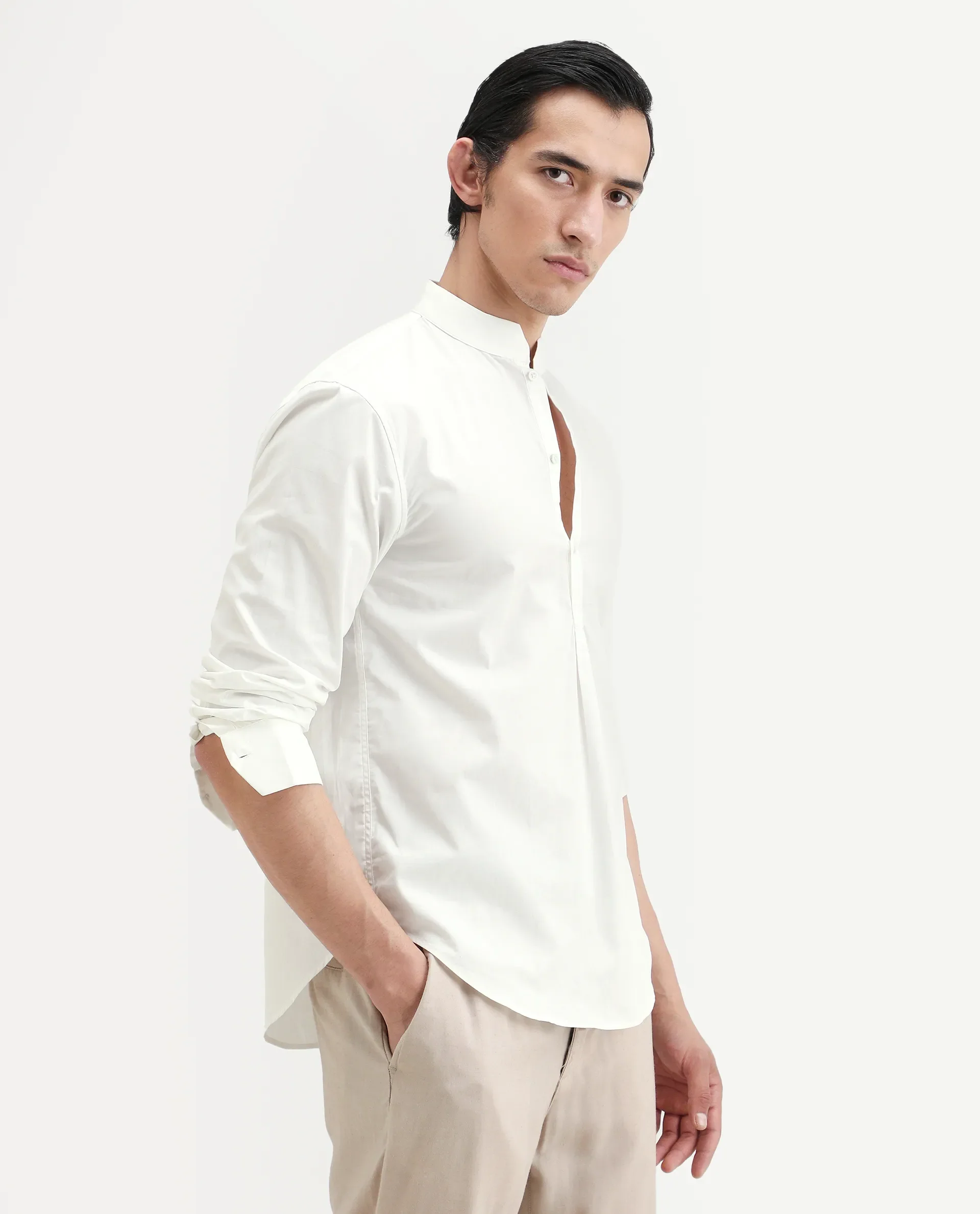 Rare Rabbit Men's Shin White Cotton Plain Regular Fit Full Sleeve Mandarin Collar Shirt - Image 8