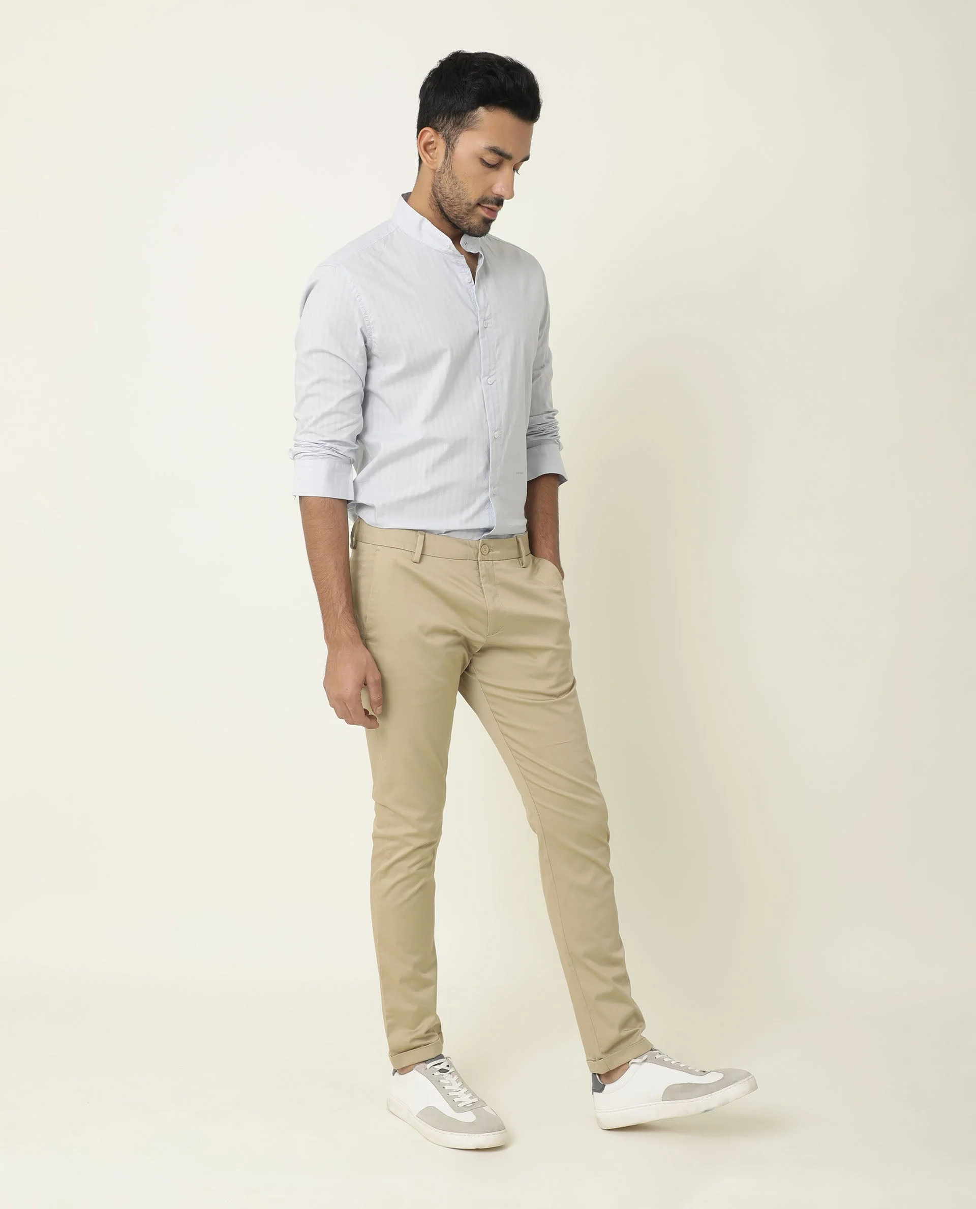 Rare Rabbit Men's Shine Beige Cotton Plain Slim Fit Trouser - Image 2