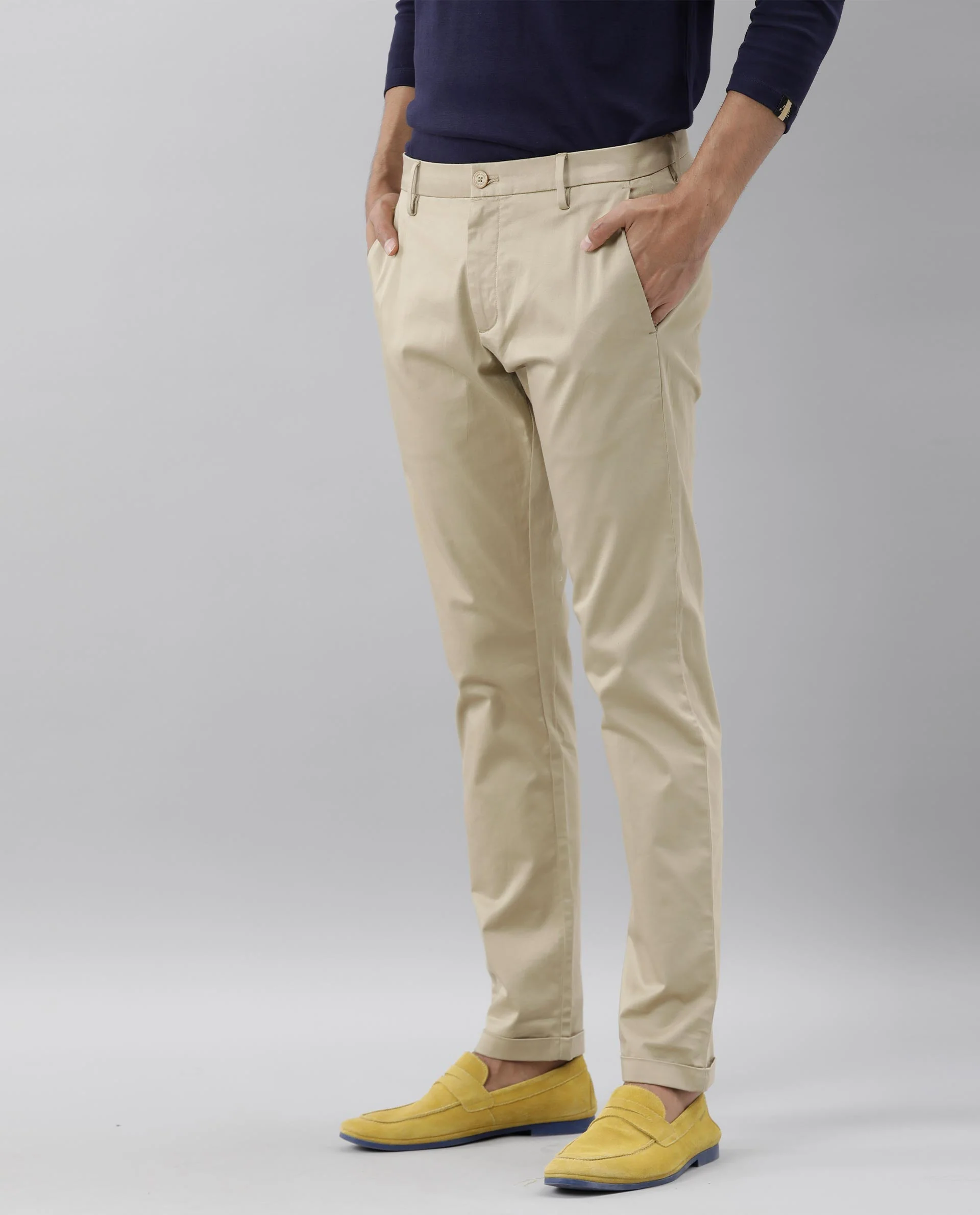 Rare Rabbit Men's Shine Beige Cotton Plain Slim Fit Trouser - Image 5