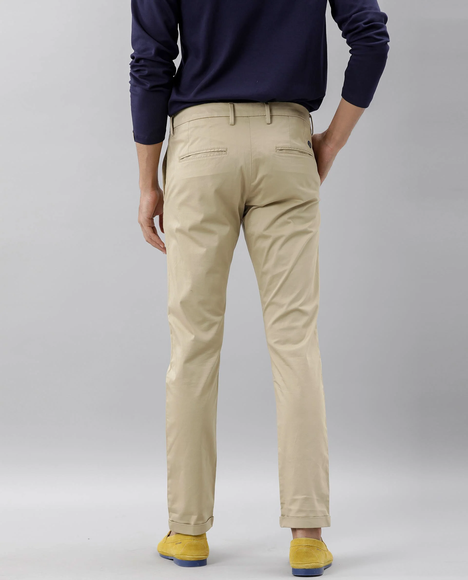 Rare Rabbit Men's Shine Beige Cotton Plain Slim Fit Trouser - Image 7