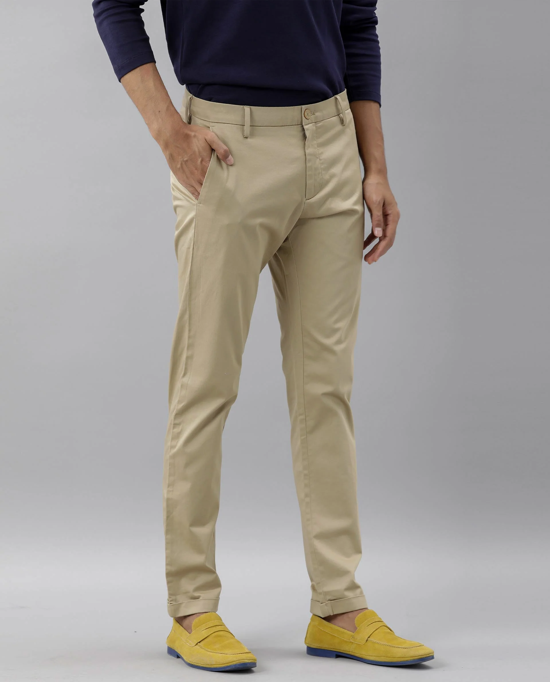 Rare Rabbit Men's Shine Beige Cotton Plain Slim Fit Trouser - Image 8