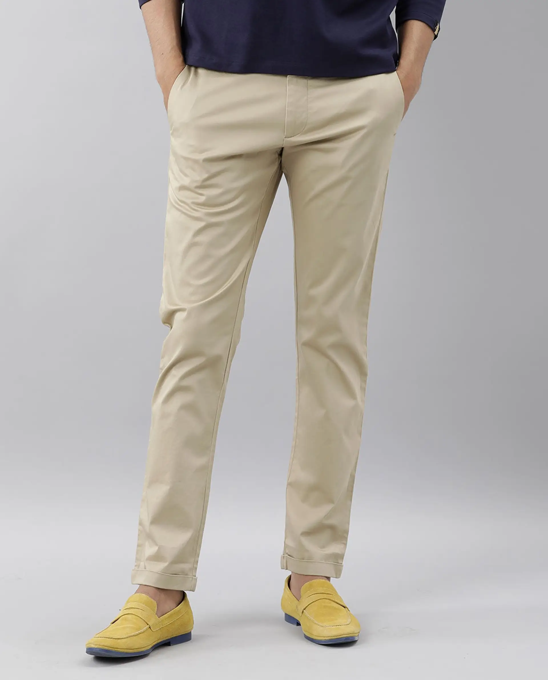 Rare Rabbit Men's Shine Beige Cotton Plain Slim Fit Trouser - Image 9