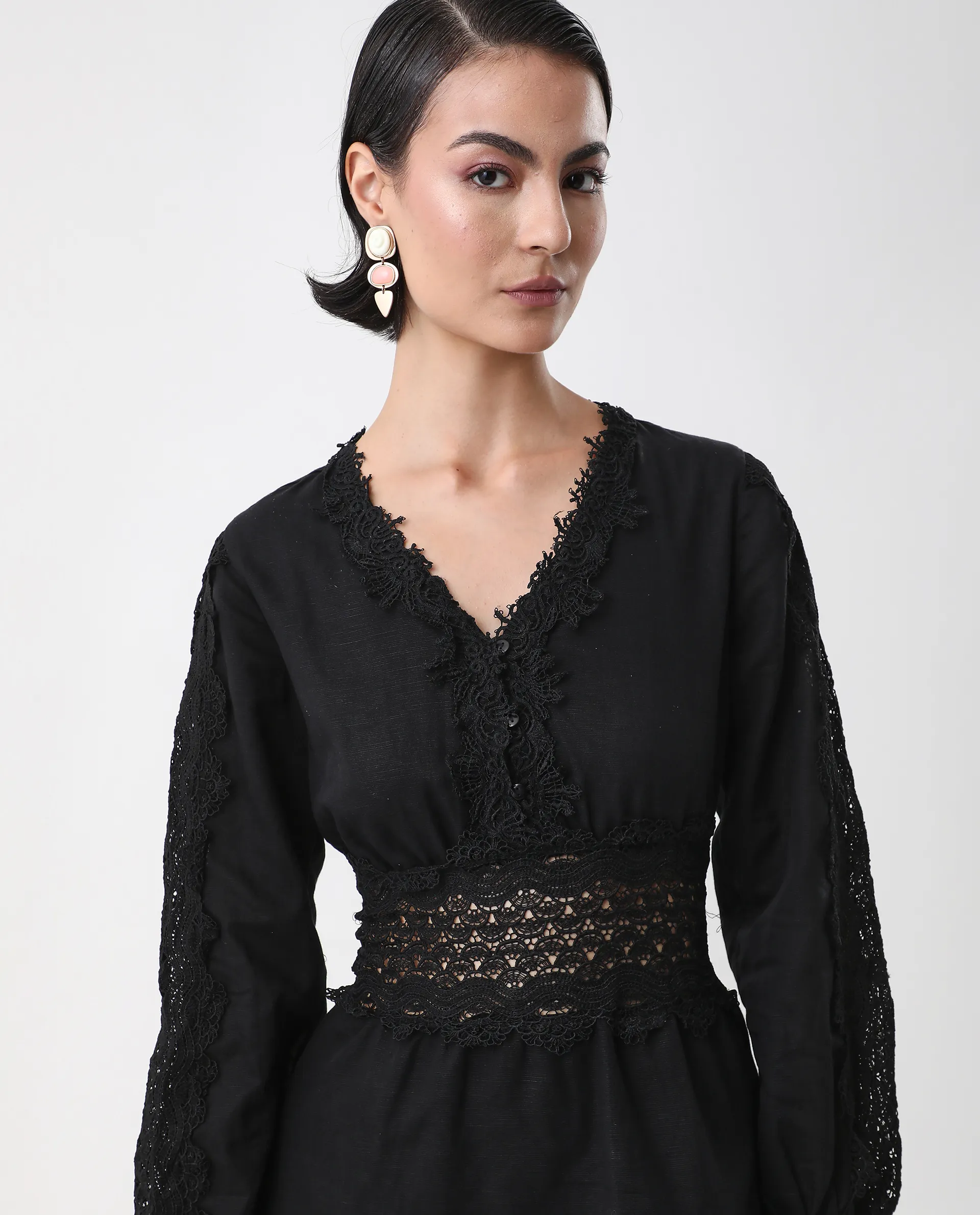 Rareism Women's Shirley Black V-Neck Plain Bishop Sleeve Mini Fit And Flare Dress - Image 2