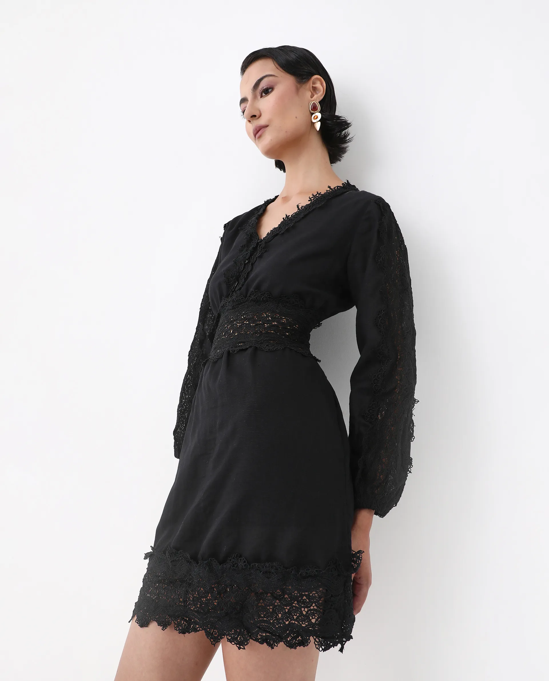 Rareism Women's Shirley Black V-Neck Plain Bishop Sleeve Mini Fit And Flare Dress - Image 3