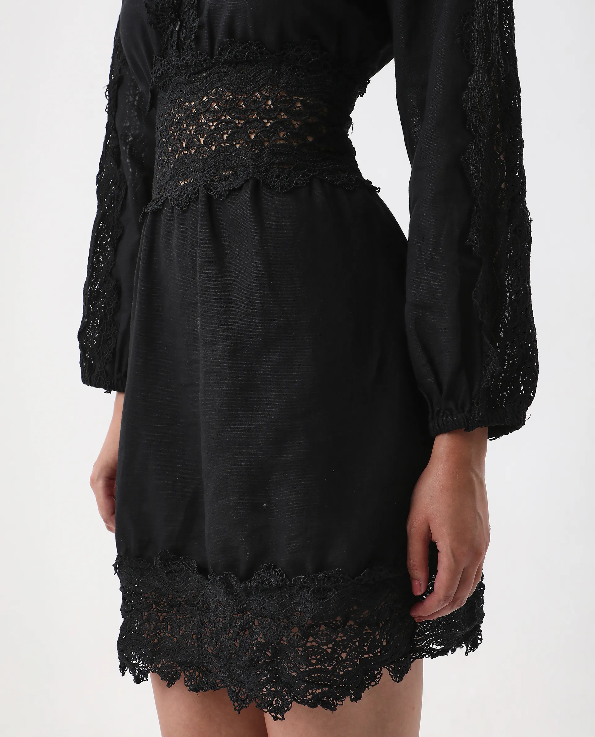 Rareism Women's Shirley Black V-Neck Plain Bishop Sleeve Mini Fit And Flare Dress - Image 4