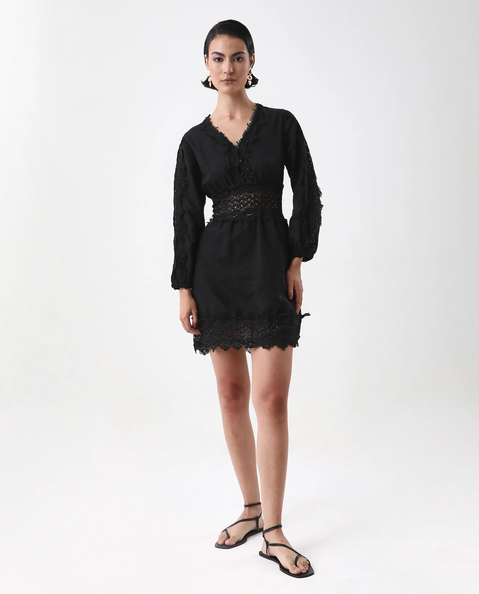 Rareism Women's Shirley Black V-Neck Plain Bishop Sleeve Mini Fit And Flare Dress - Image 5