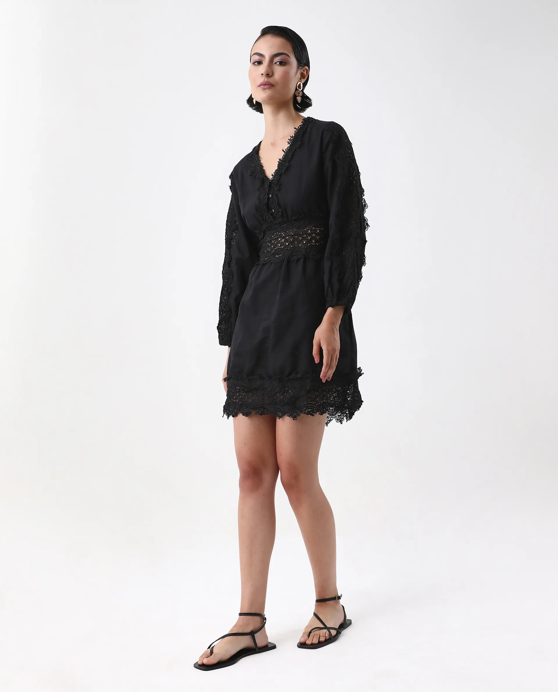 Rareism Women's Shirley Black V-Neck Plain Bishop Sleeve Mini Fit And Flare Dress - Image 6