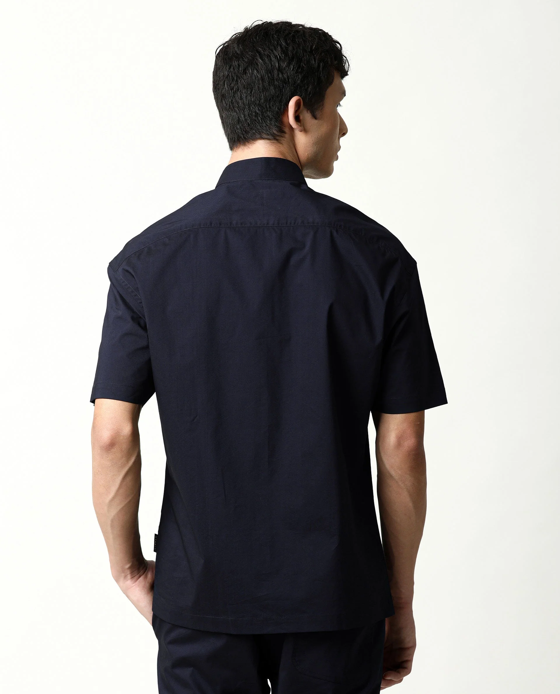 Rare Rabbit Men's Shiro Navy Cotton Plain Regular Fit Half Sleeve Mandarin Collar Shirt - Image 10