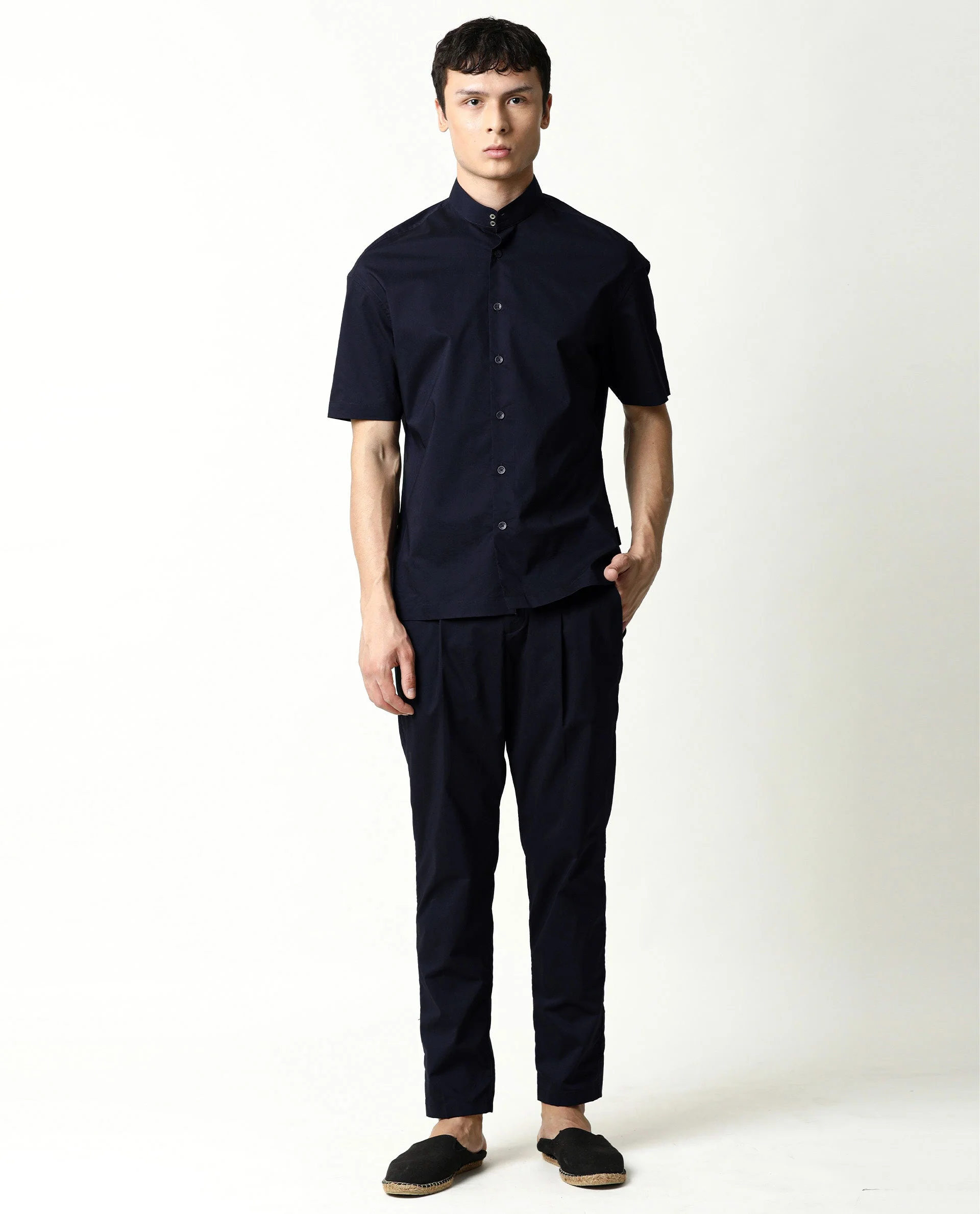 Rare Rabbit Men's Shiro Navy Cotton Plain Regular Fit Half Sleeve Mandarin Collar Shirt - Image 2
