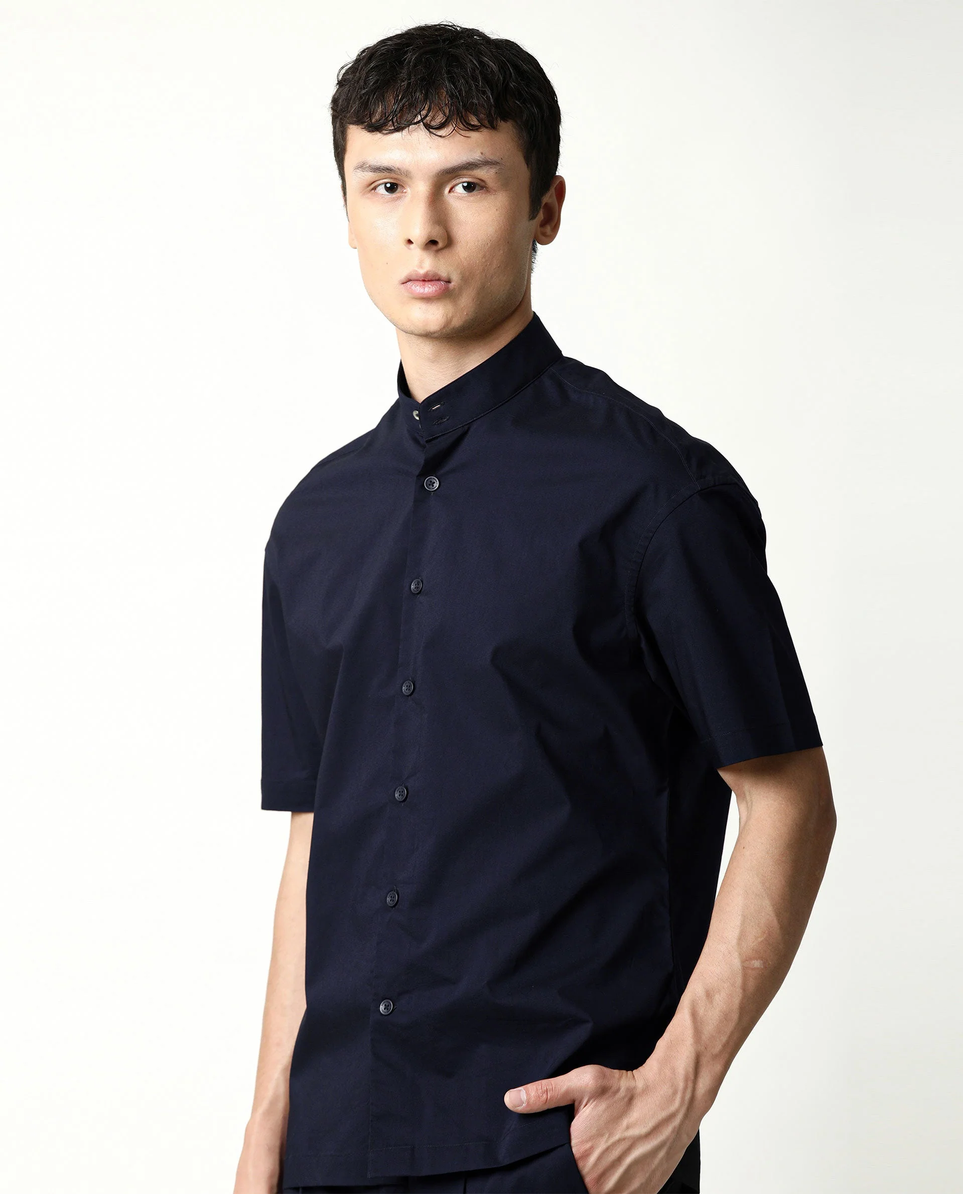 Rare Rabbit Men's Shiro Navy Cotton Plain Regular Fit Half Sleeve Mandarin Collar Shirt - Image 3