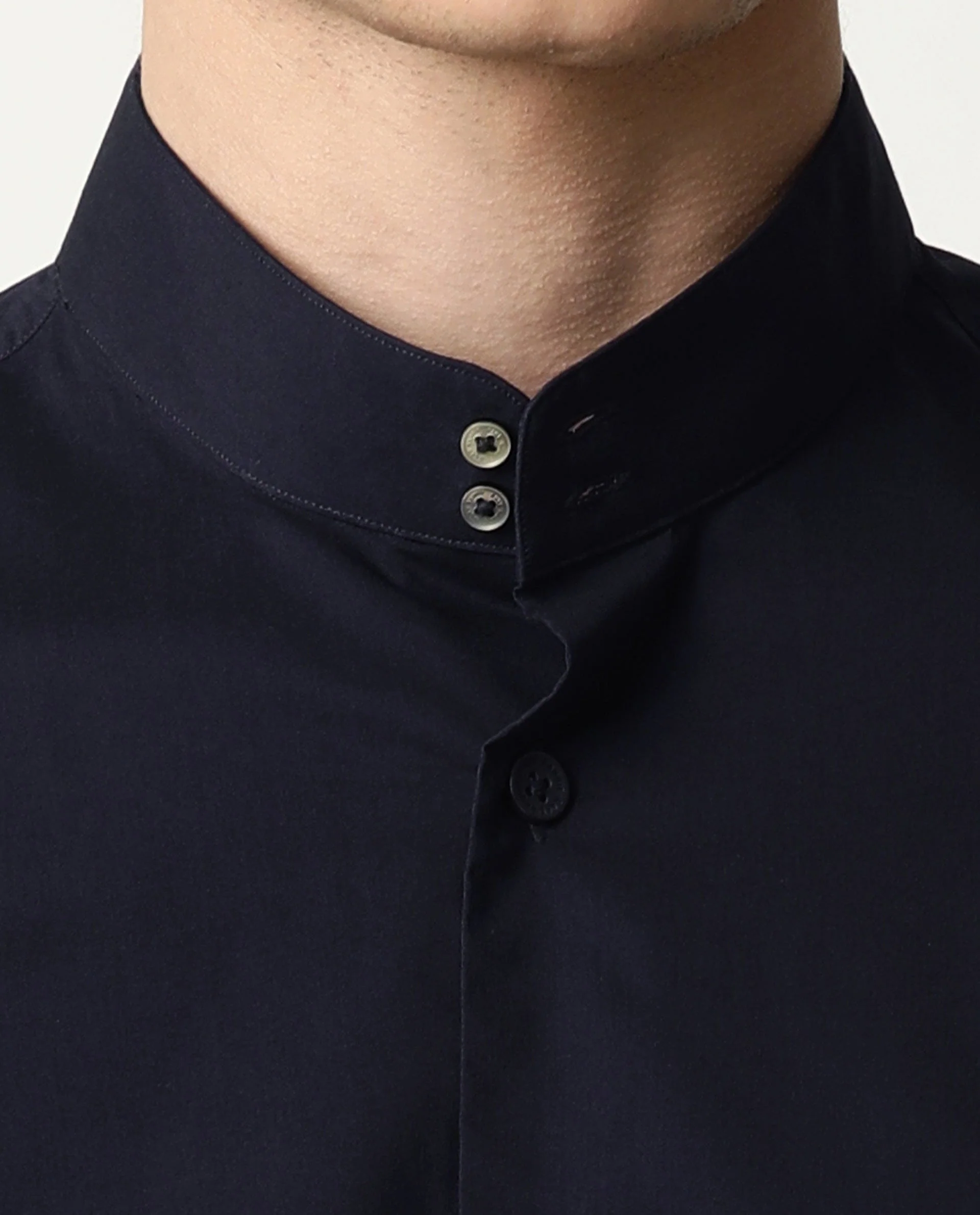 Rare Rabbit Men's Shiro Navy Cotton Plain Regular Fit Half Sleeve Mandarin Collar Shirt - Image 4