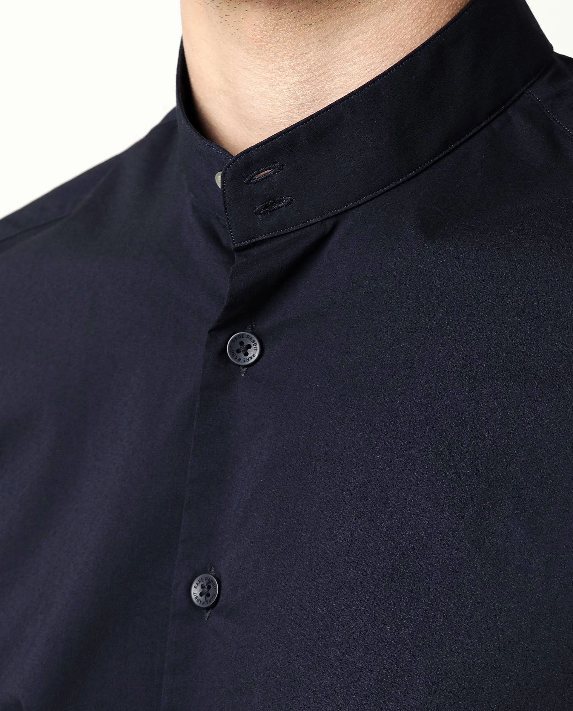 Rare Rabbit Men's Shiro Navy Cotton Plain Regular Fit Half Sleeve Mandarin Collar Shirt - Image 5