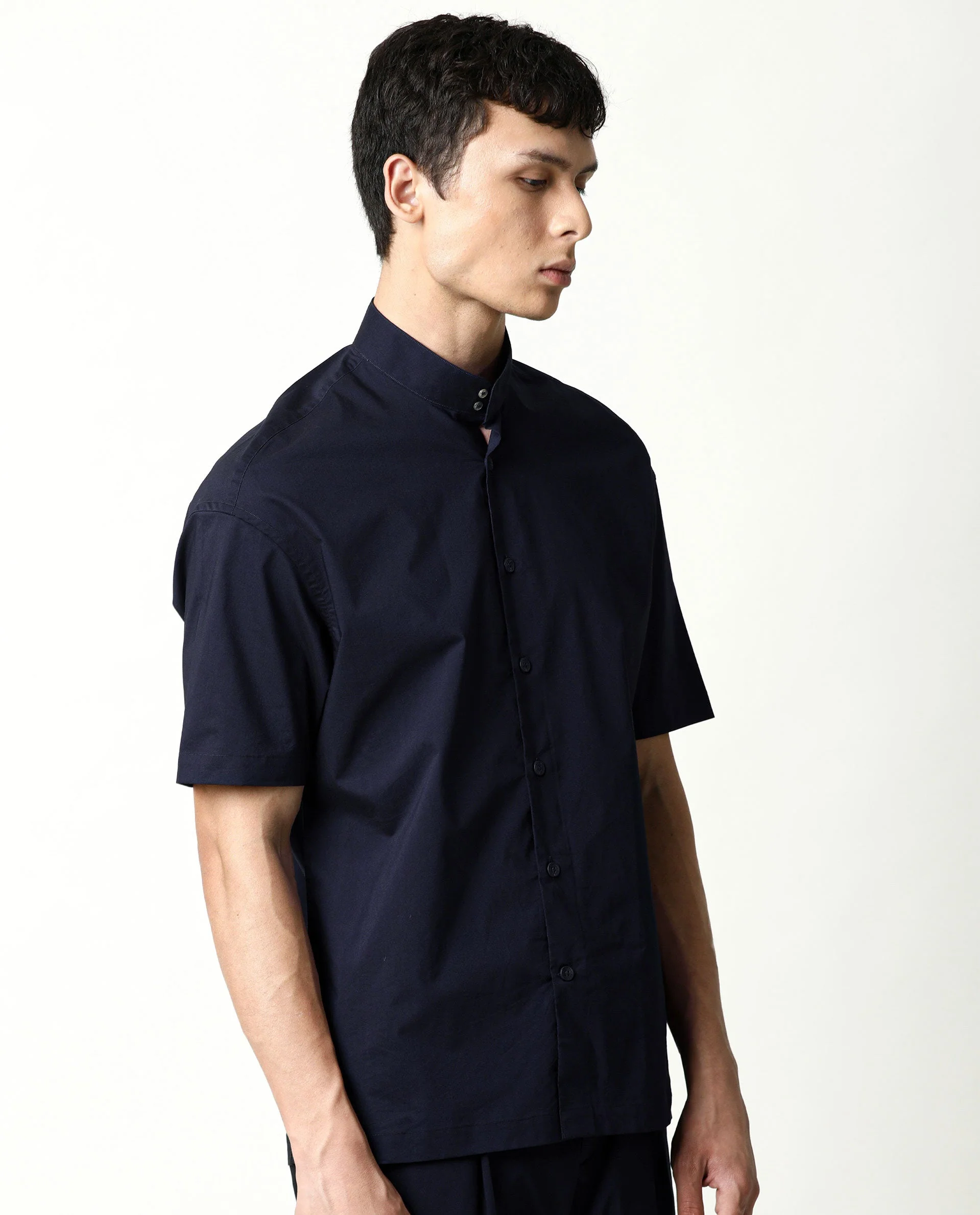 Rare Rabbit Men's Shiro Navy Cotton Plain Regular Fit Half Sleeve Mandarin Collar Shirt - Image 6