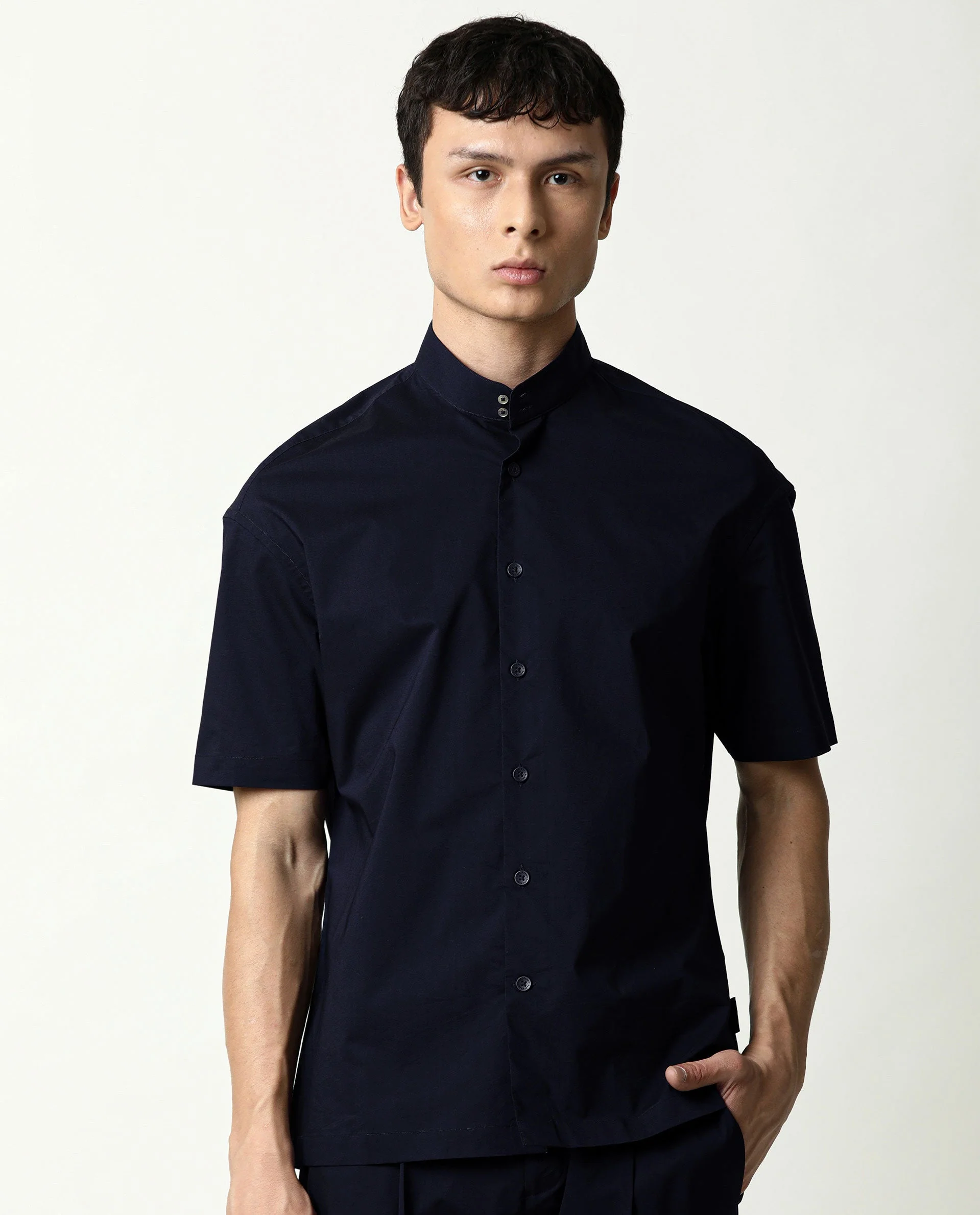 Rare Rabbit Men's Shiro Navy Cotton Plain Regular Fit Half Sleeve Mandarin Collar Shirt - Image 7