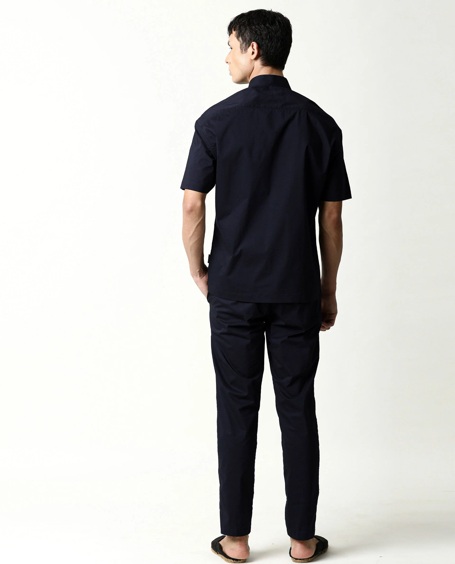 Rare Rabbit Men's Shiro Navy Cotton Plain Regular Fit Half Sleeve Mandarin Collar Shirt - Image 8