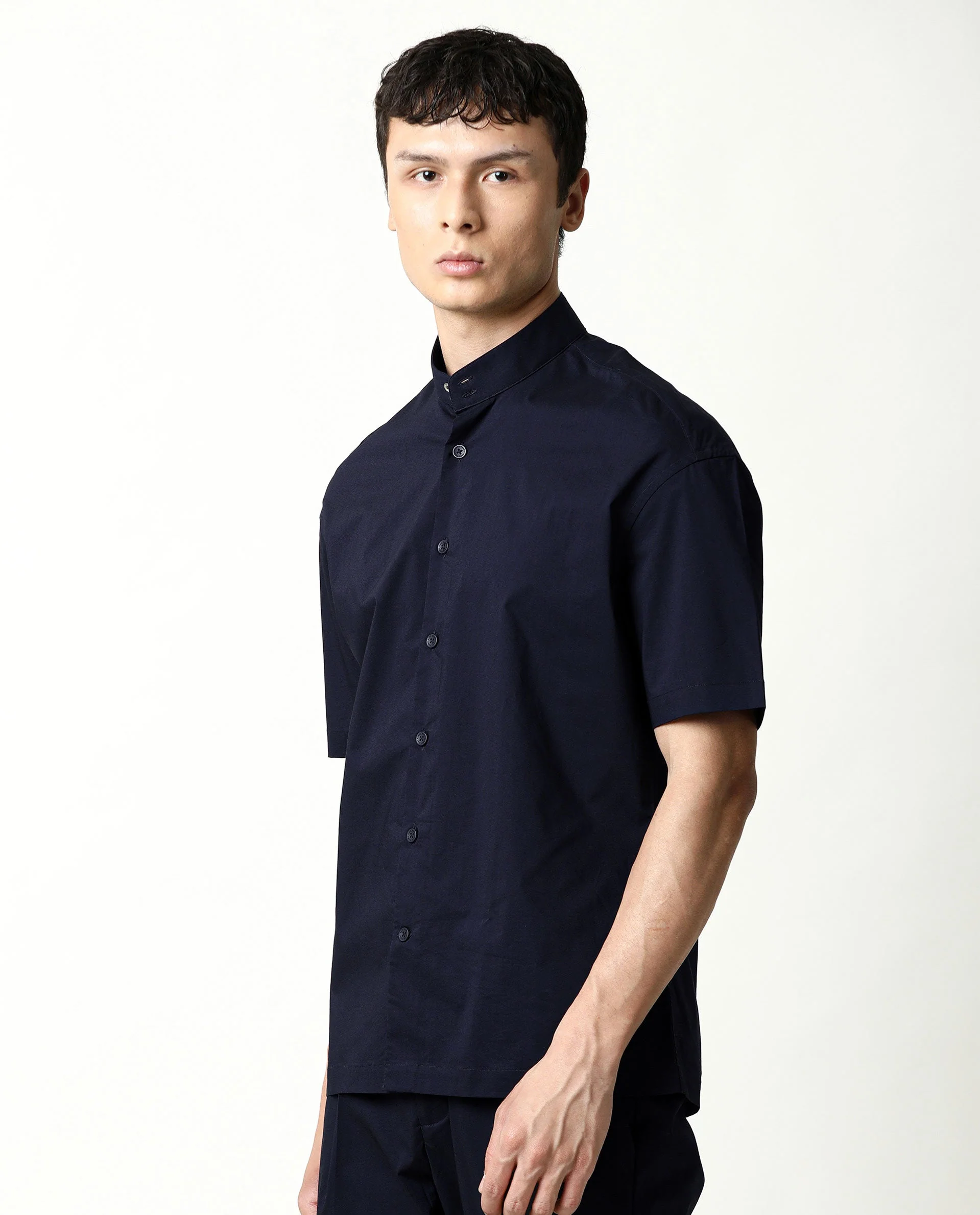 Rare Rabbit Men's Shiro Navy Cotton Plain Regular Fit Half Sleeve Mandarin Collar Shirt - Image 9