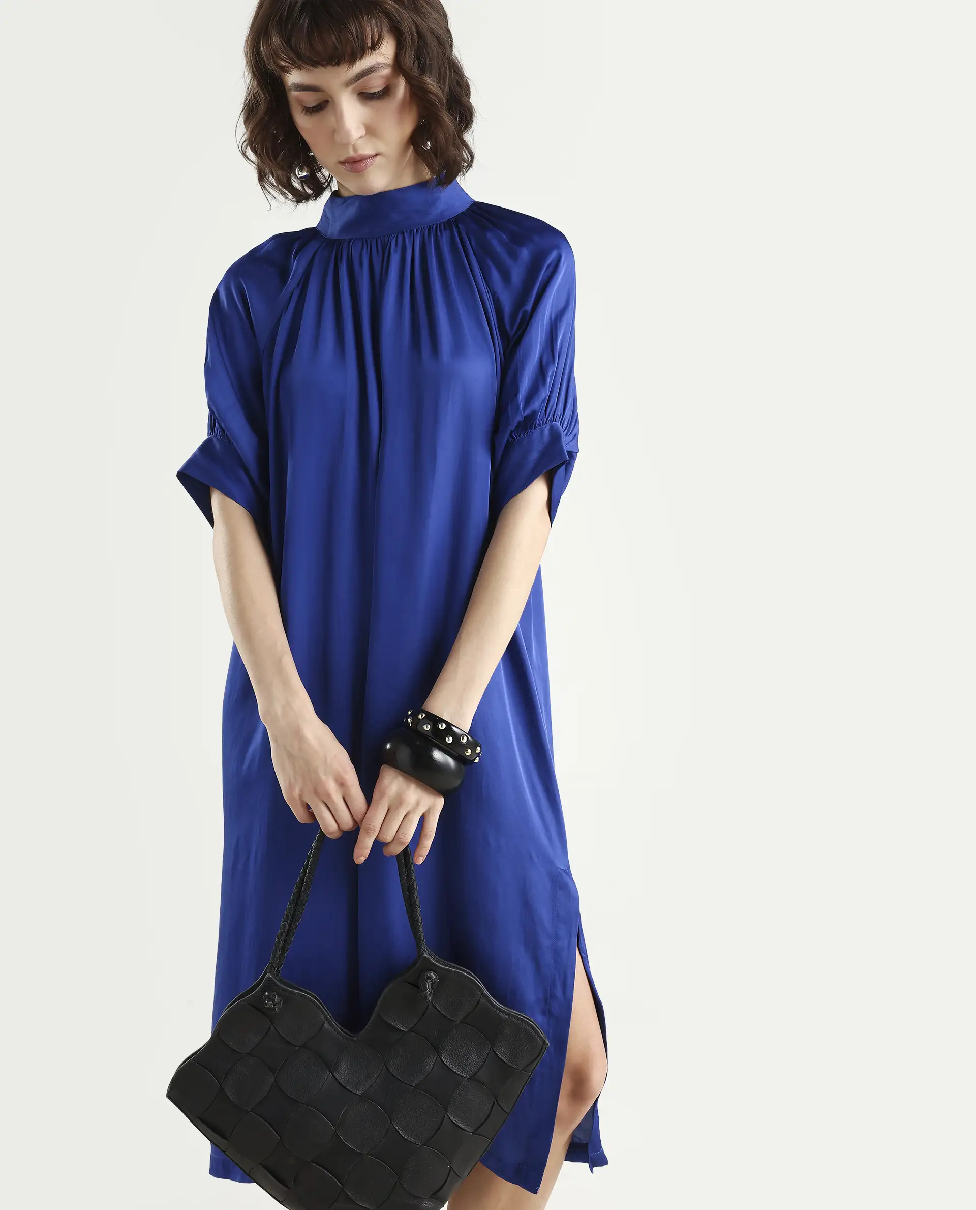 Rareism Women's Shiver Blue Modal Blend Sweetheart Neck Plain Puff Sleeves Midi Regular Fit Dress - Image 2