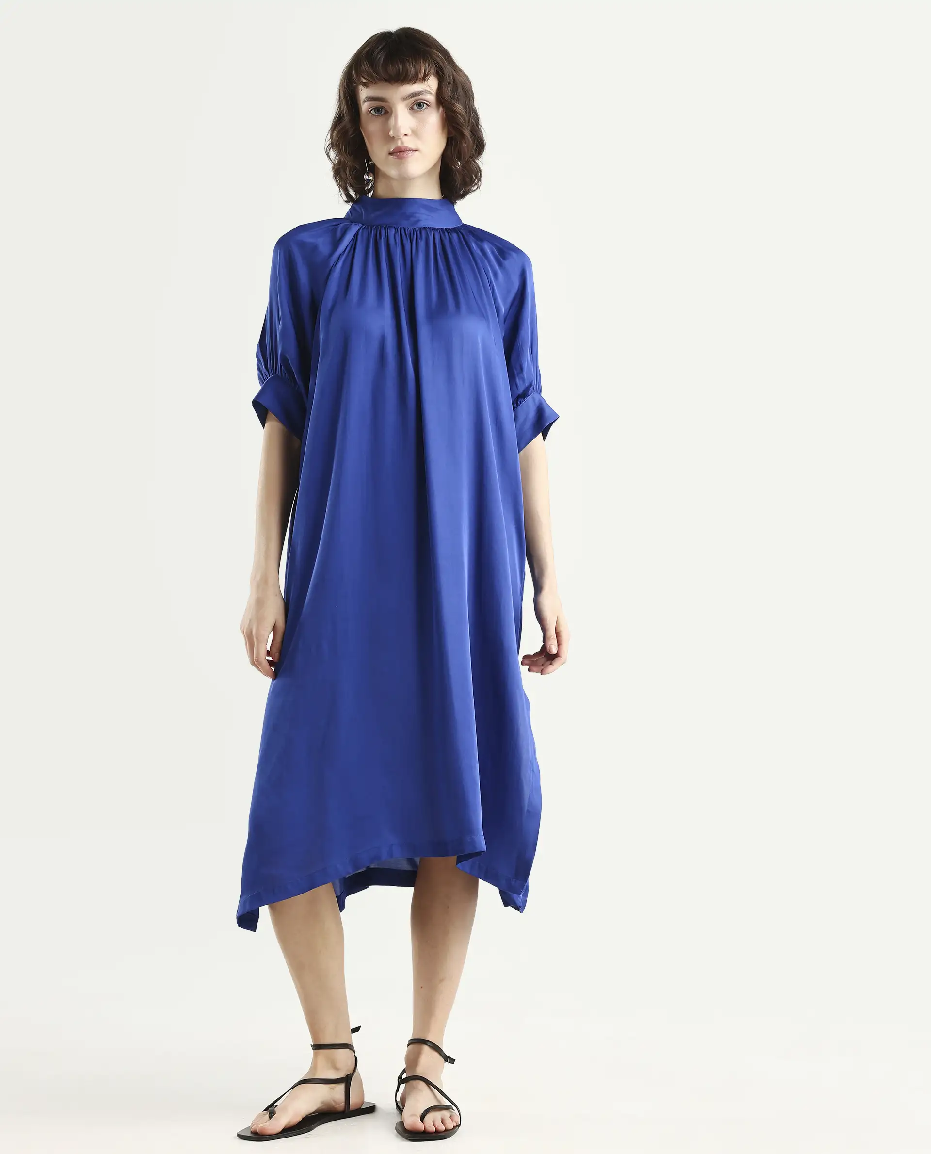 Rareism Women's Shiver Blue Modal Blend Sweetheart Neck Plain Puff Sleeves Midi Regular Fit Dress - Image 3