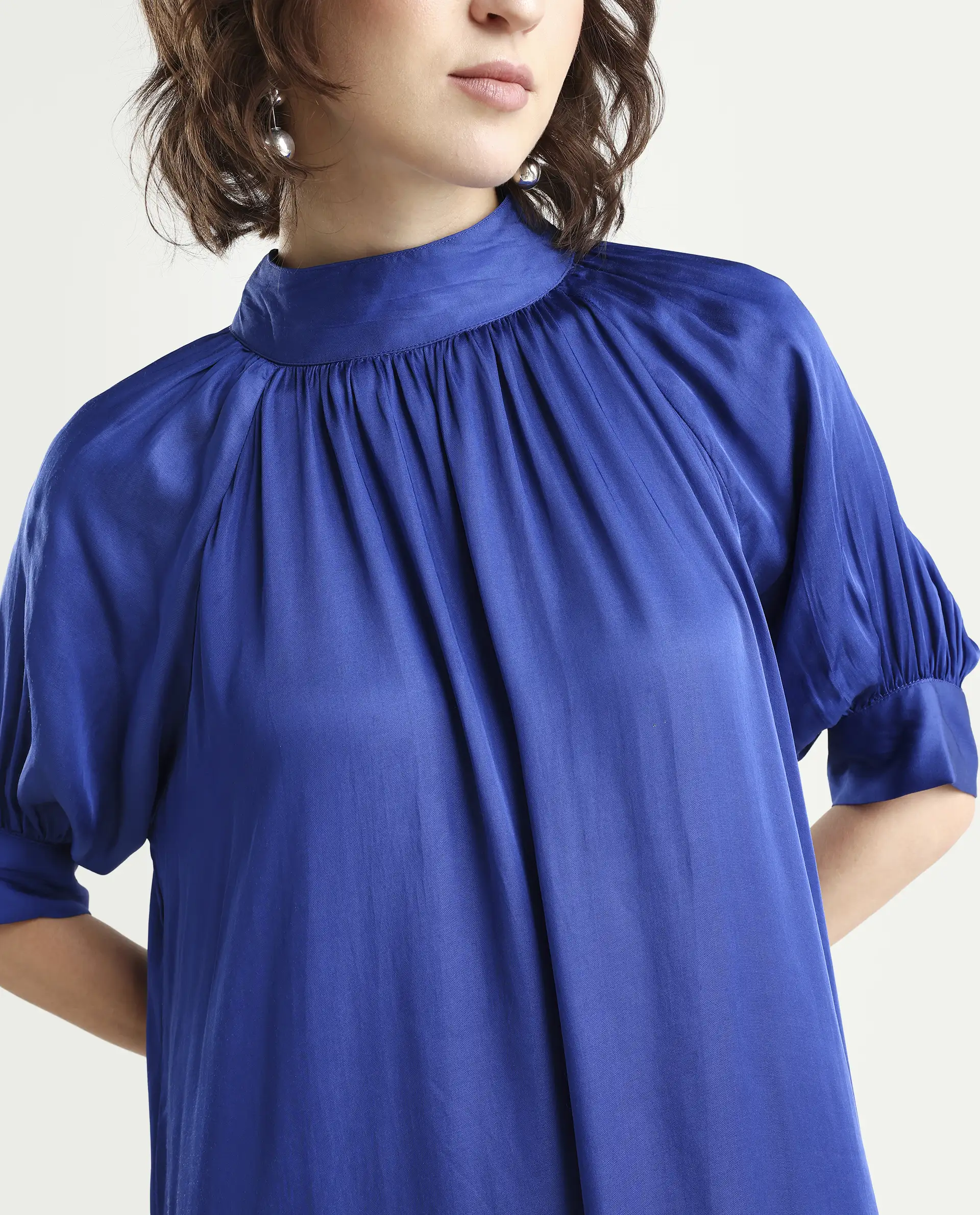 Rareism Women's Shiver Blue Modal Blend Sweetheart Neck Plain Puff Sleeves Midi Regular Fit Dress - Image 4