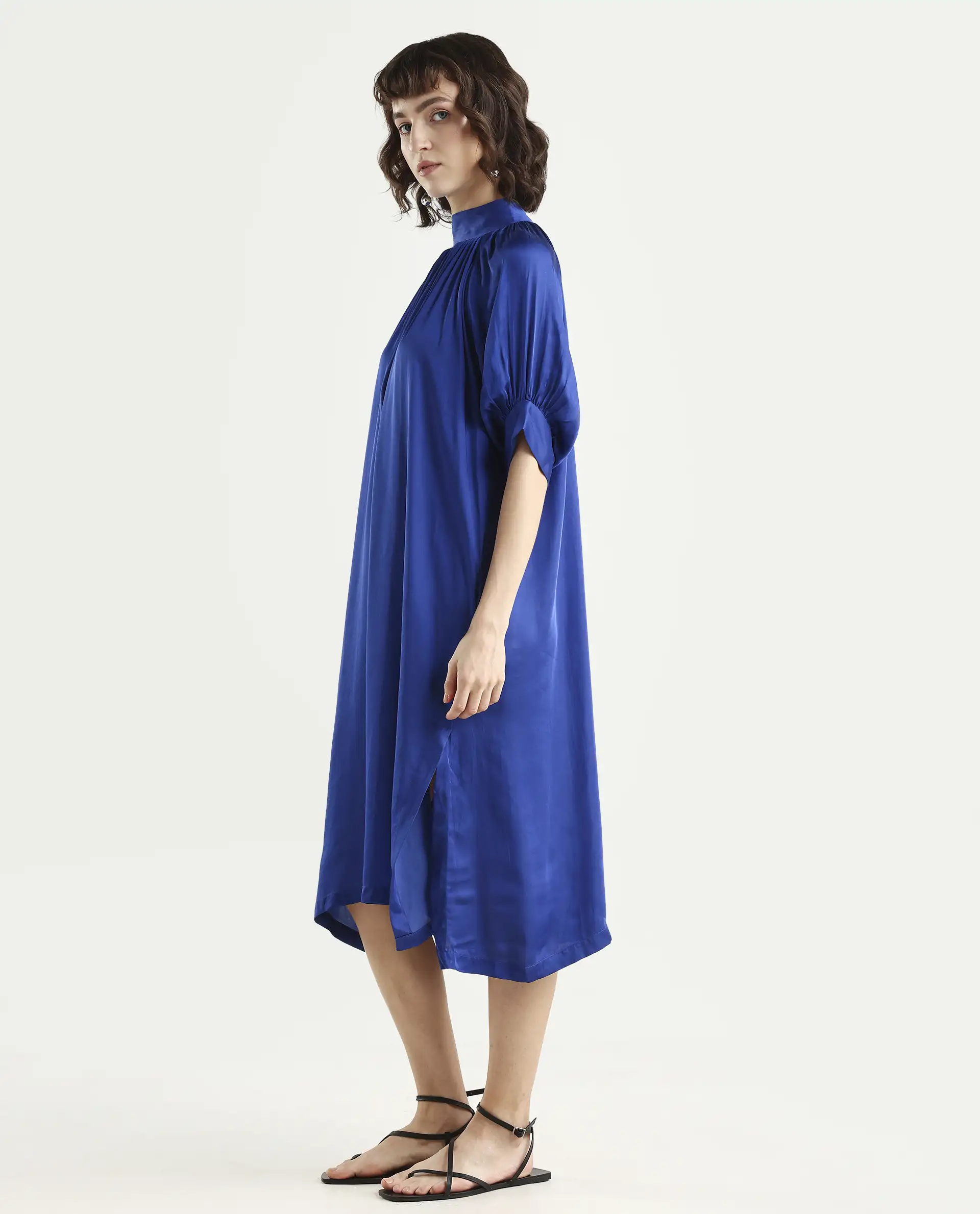 Rareism Women's Shiver Blue Modal Blend Sweetheart Neck Plain Puff Sleeves Midi Regular Fit Dress - Image 5
