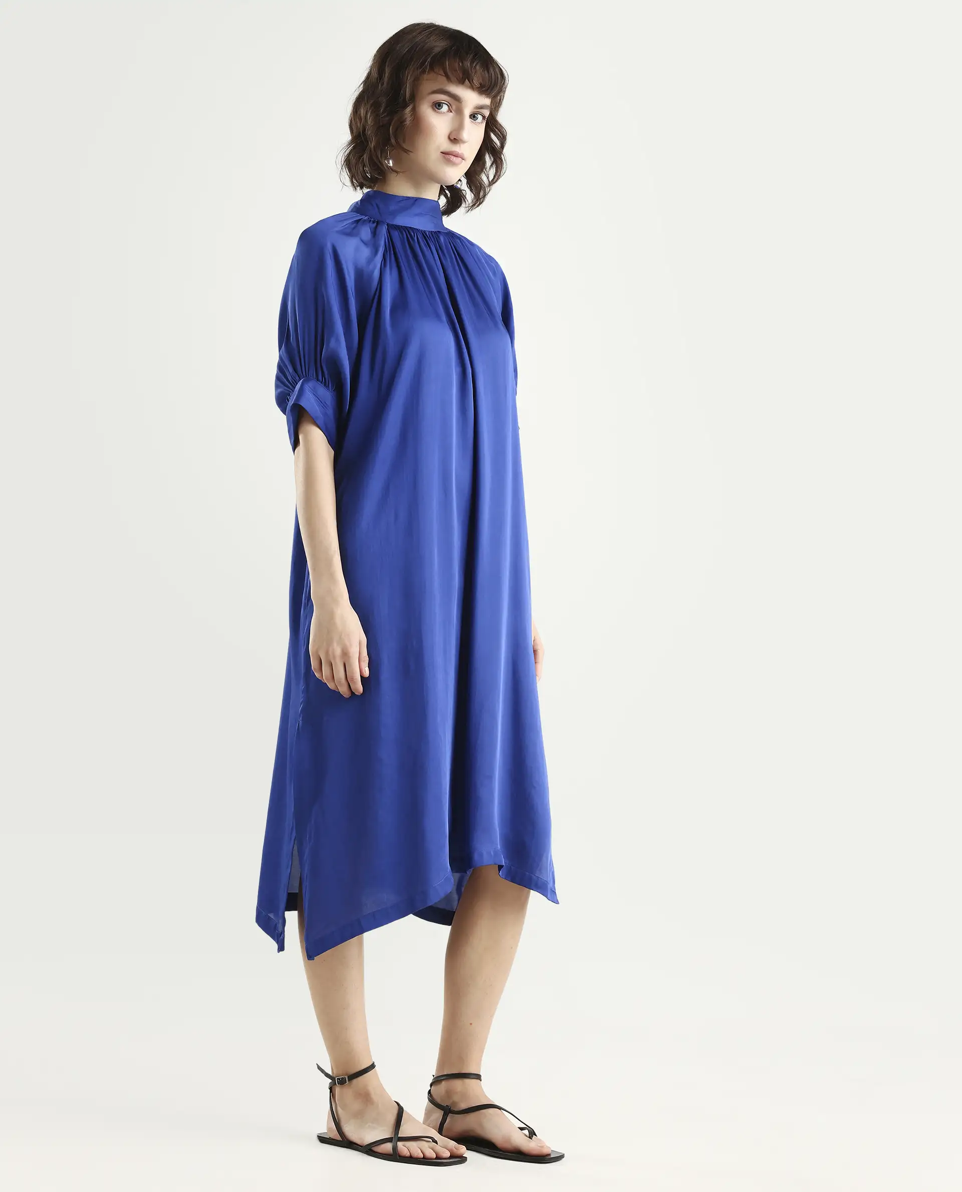 Rareism Women's Shiver Blue Modal Blend Sweetheart Neck Plain Puff Sleeves Midi Regular Fit Dress - Image 6