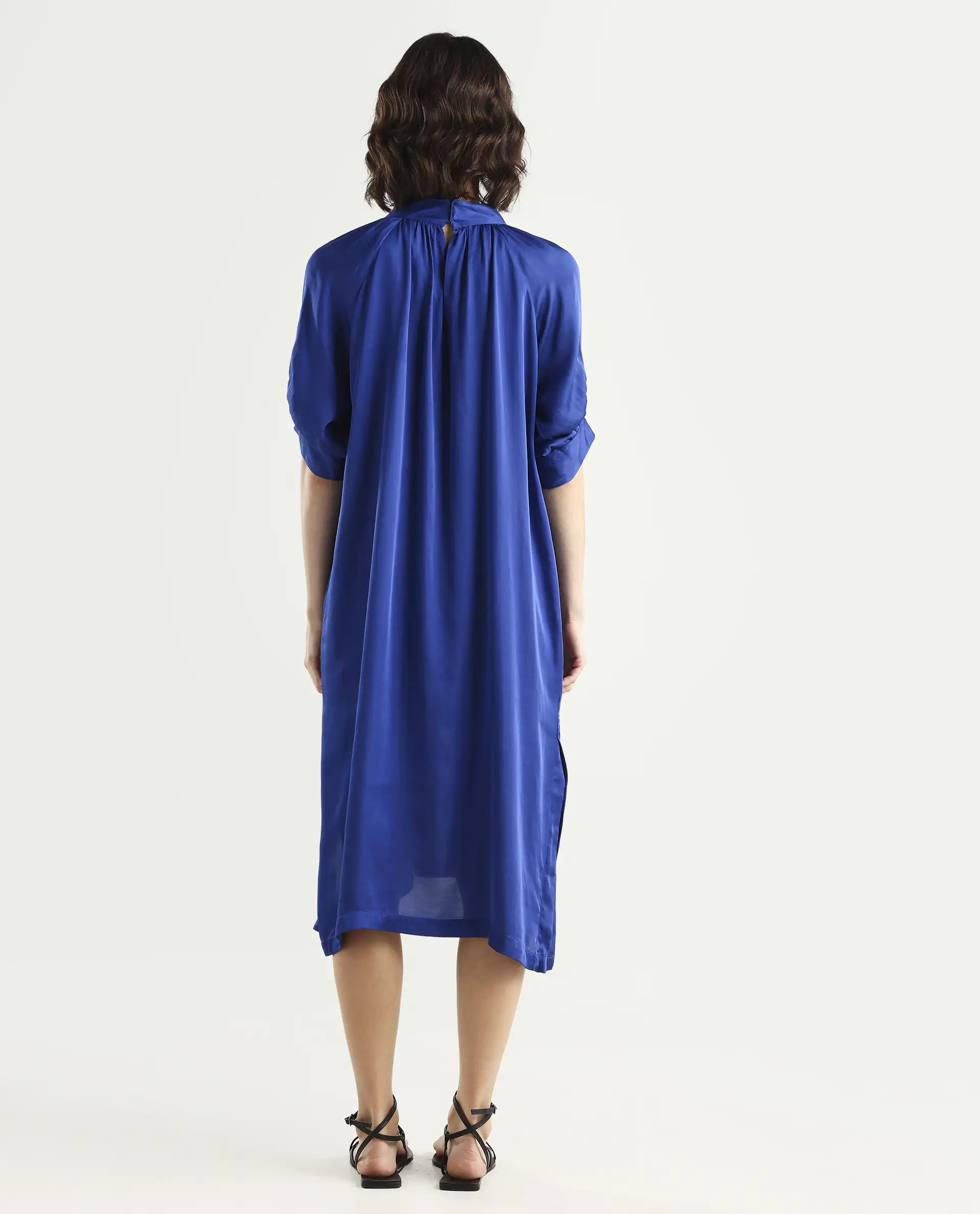 Rareism Women's Shiver Blue Modal Blend Sweetheart Neck Plain Puff Sleeves Midi Regular Fit Dress - Image 7