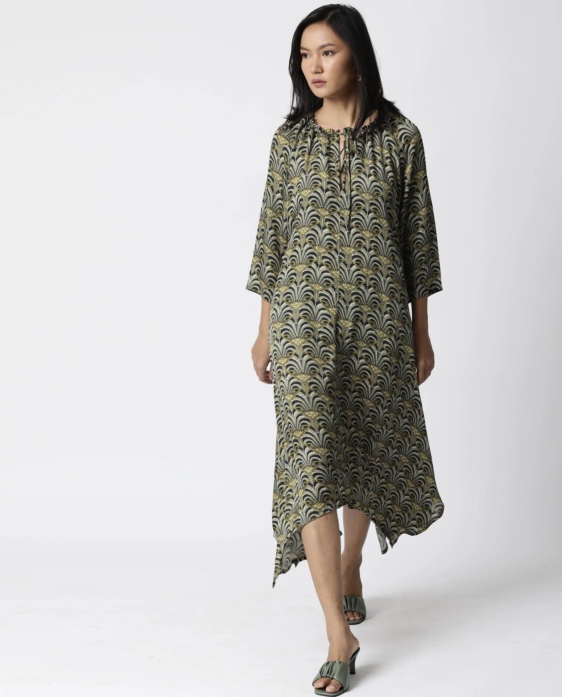 Rareism Women Shlok Green Dress Short Sleeves Printed - Image 5