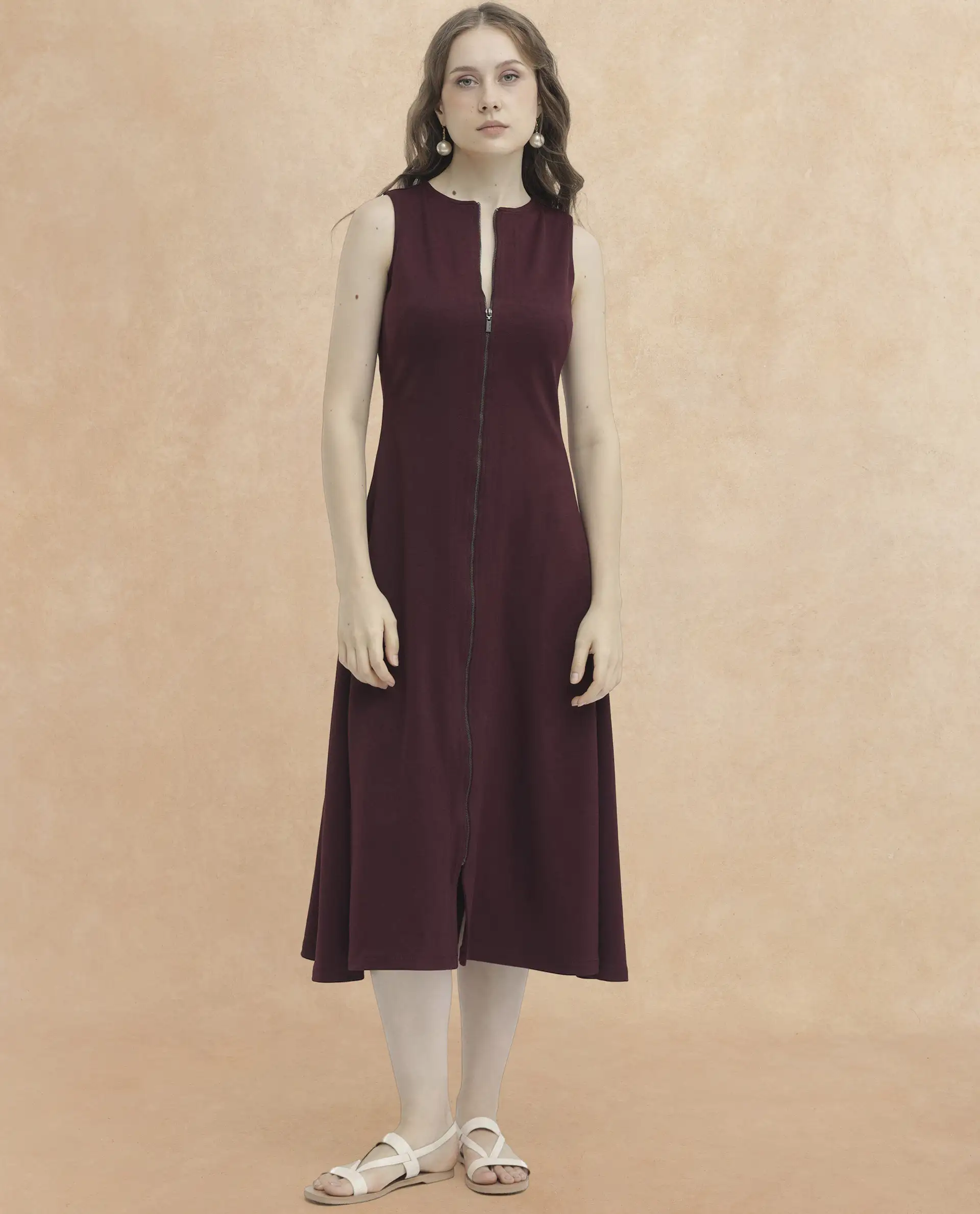 Rareism Women's Shoko Brown Polyester Crew Neck Plain Sleeveless Midi A-Line Dress