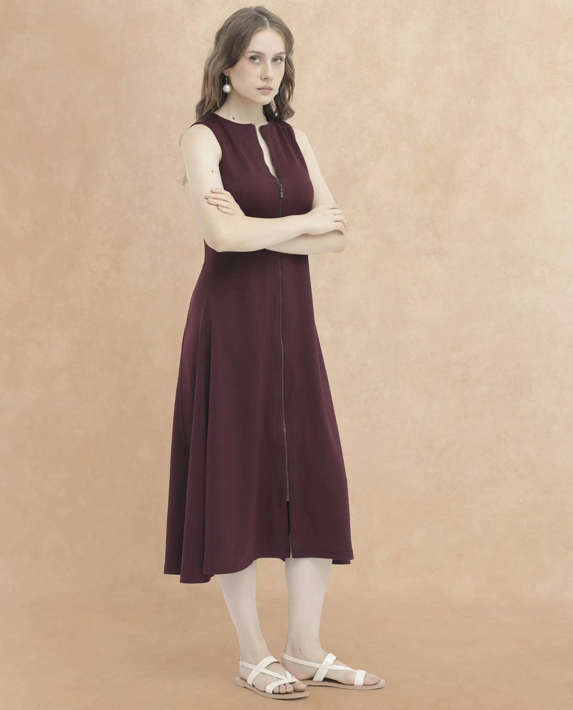 Rareism Women's Shoko Brown Polyester Crew Neck Plain Sleeveless Midi A-Line Dress - Image 3
