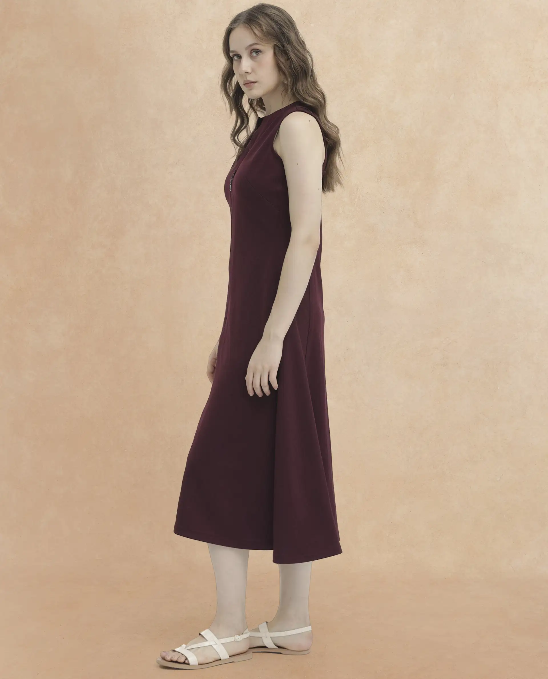 Rareism Women's Shoko Brown Polyester Crew Neck Plain Sleeveless Midi A-Line Dress - Image 4
