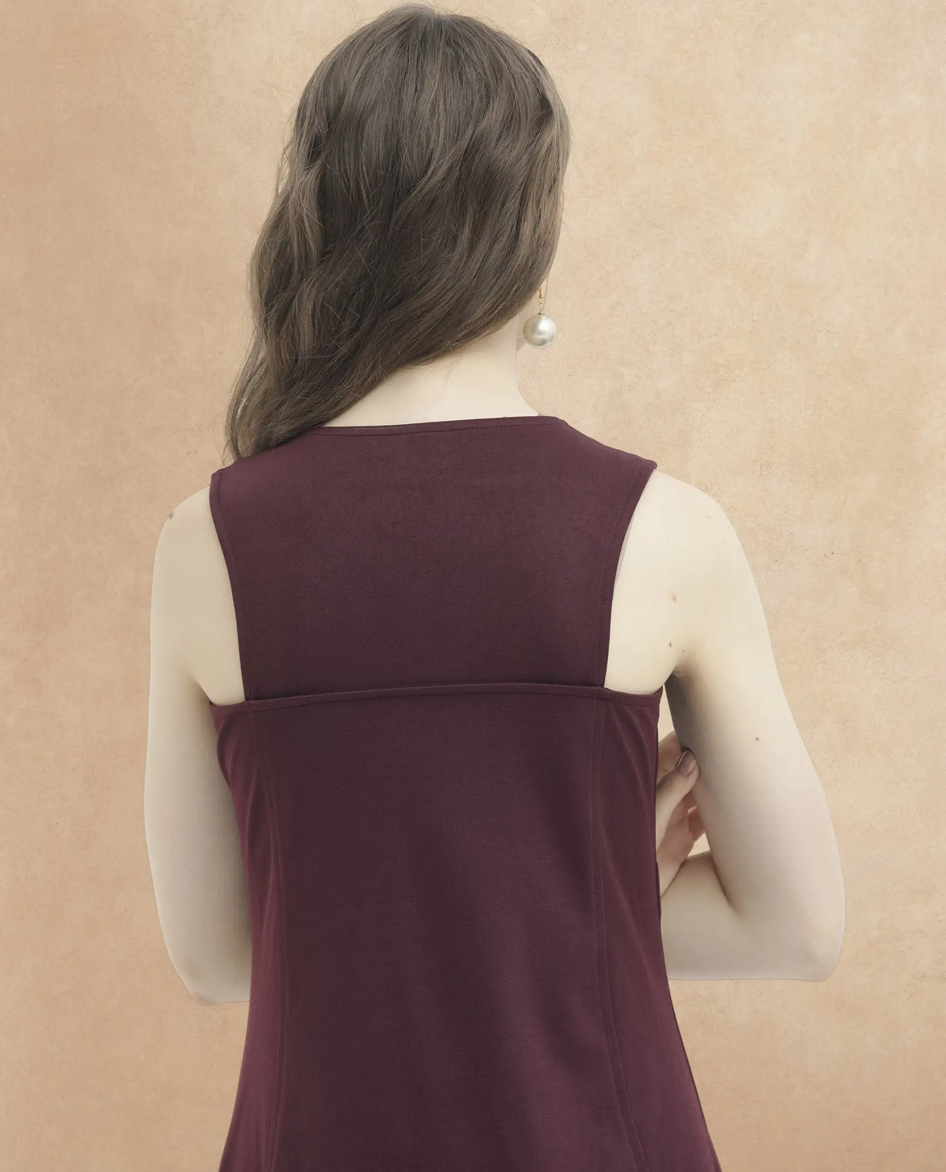 Rareism Women's Shoko Brown Polyester Crew Neck Plain Sleeveless Midi A-Line Dress - Image 5