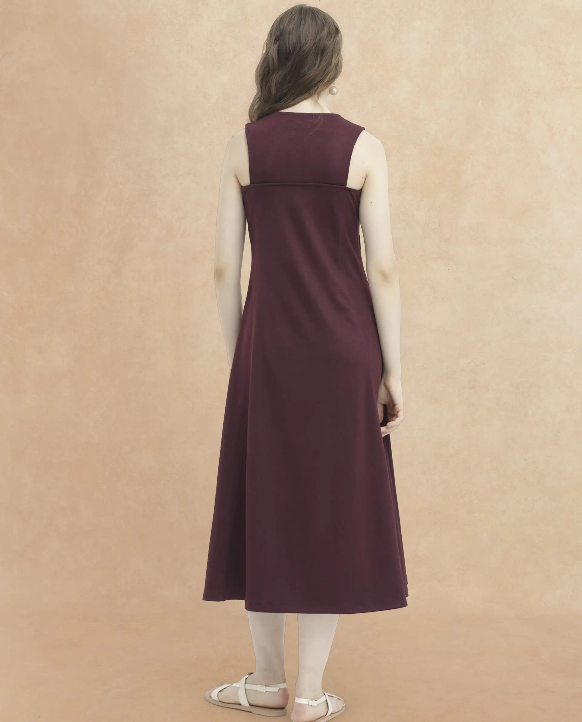 Rareism Women's Shoko Brown Polyester Crew Neck Plain Sleeveless Midi A-Line Dress - Image 6
