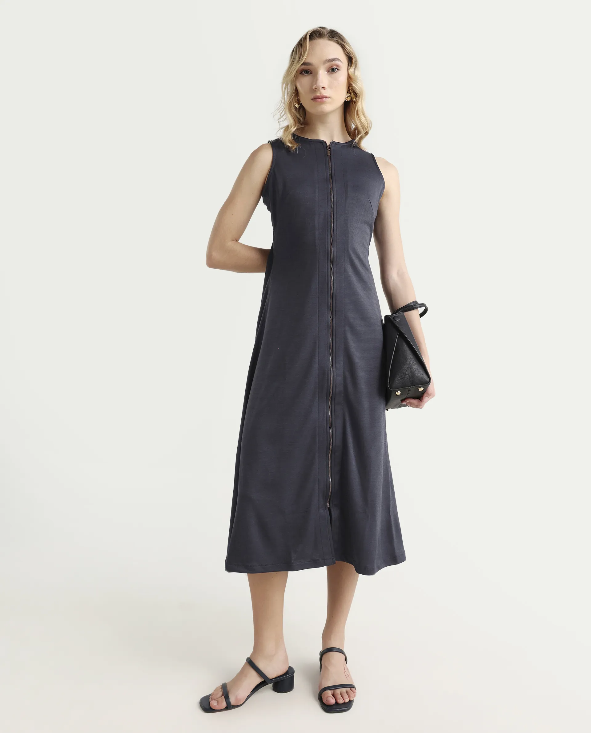 Rareism Women's Shoko Dark Blue Polyester Crew Neck Plain Sleeveless Midi A-Line Dress - Image 2