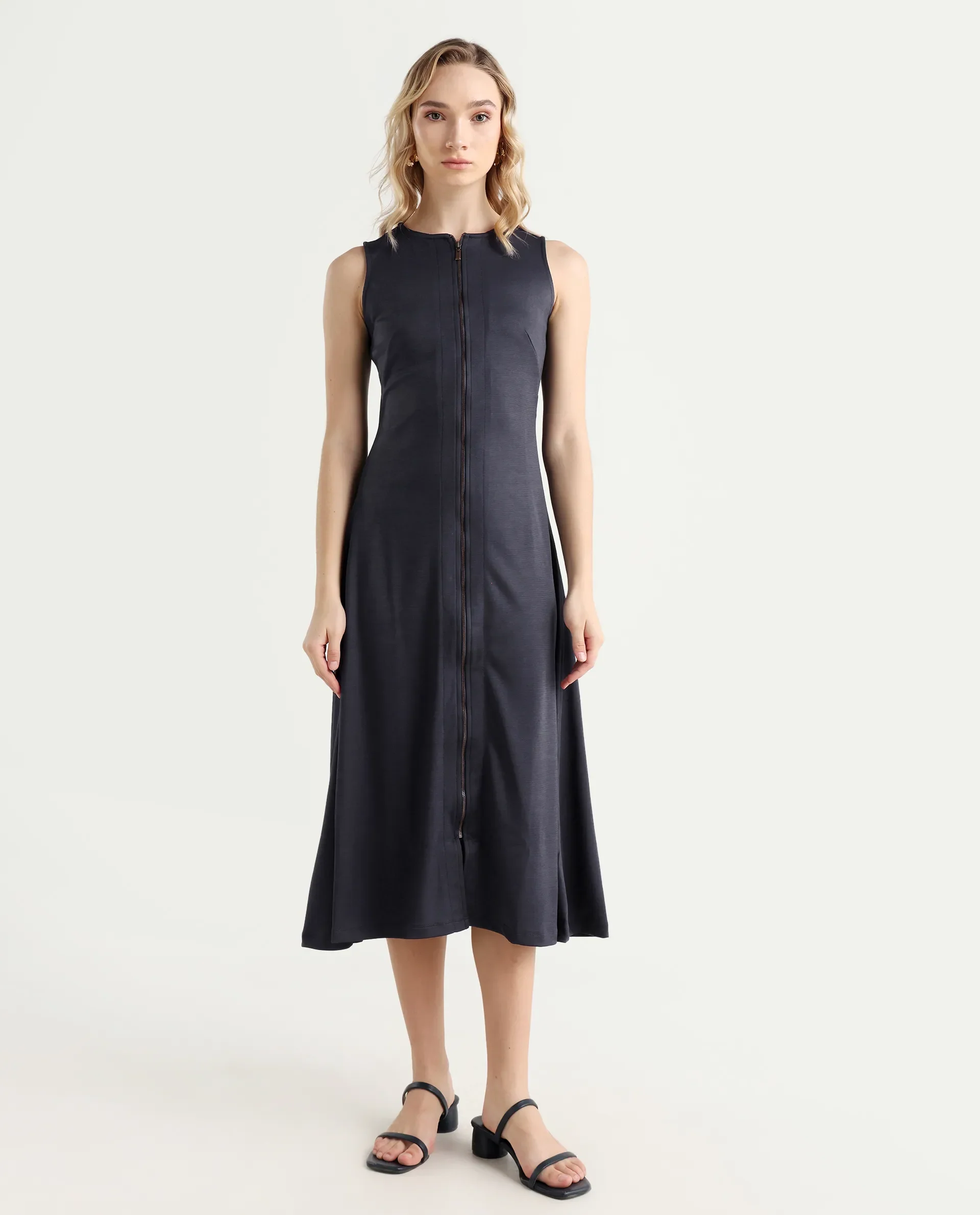Rareism Women's Shoko Dark Blue Polyester Crew Neck Plain Sleeveless Midi A-Line Dress - Image 3