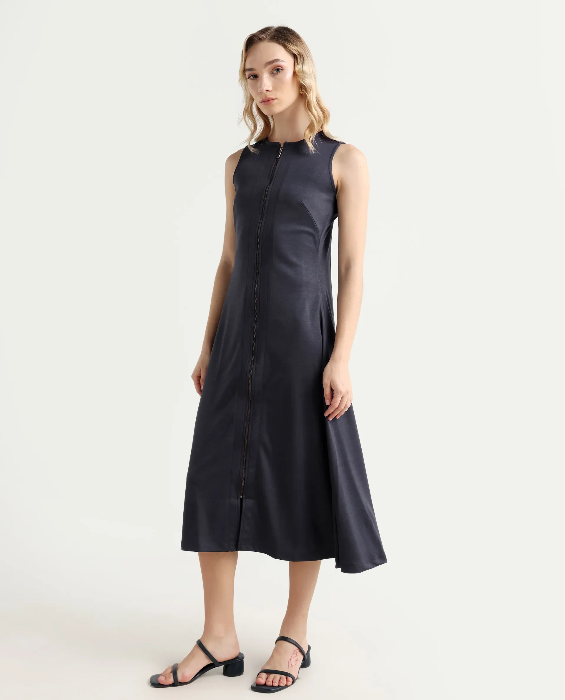 Rareism Women's Shoko Dark Blue Polyester Crew Neck Plain Sleeveless Midi A-Line Dress - Image 6