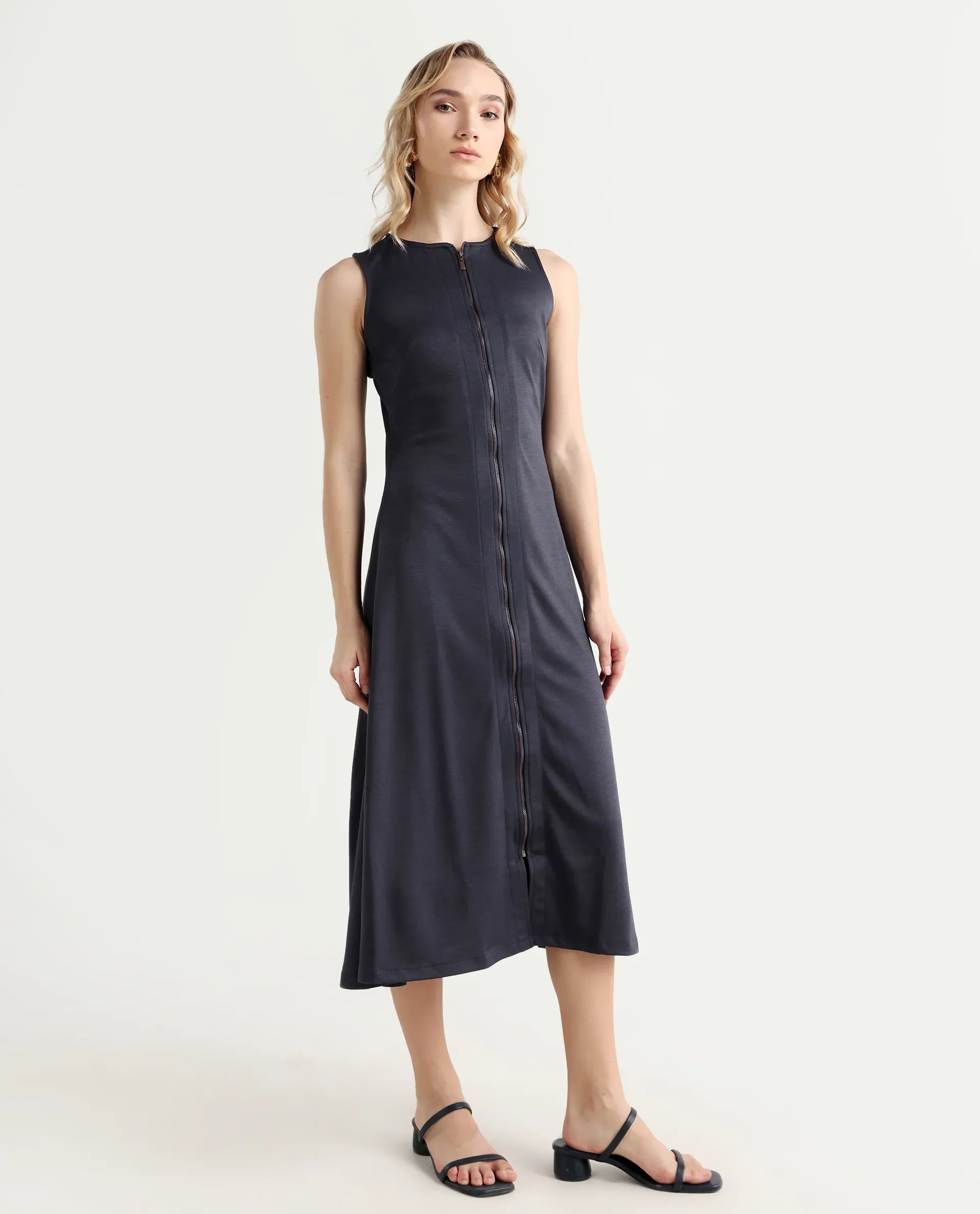 Rareism Women's Shoko Dark Blue Polyester Crew Neck Plain Sleeveless Midi A-Line Dress - Image 7