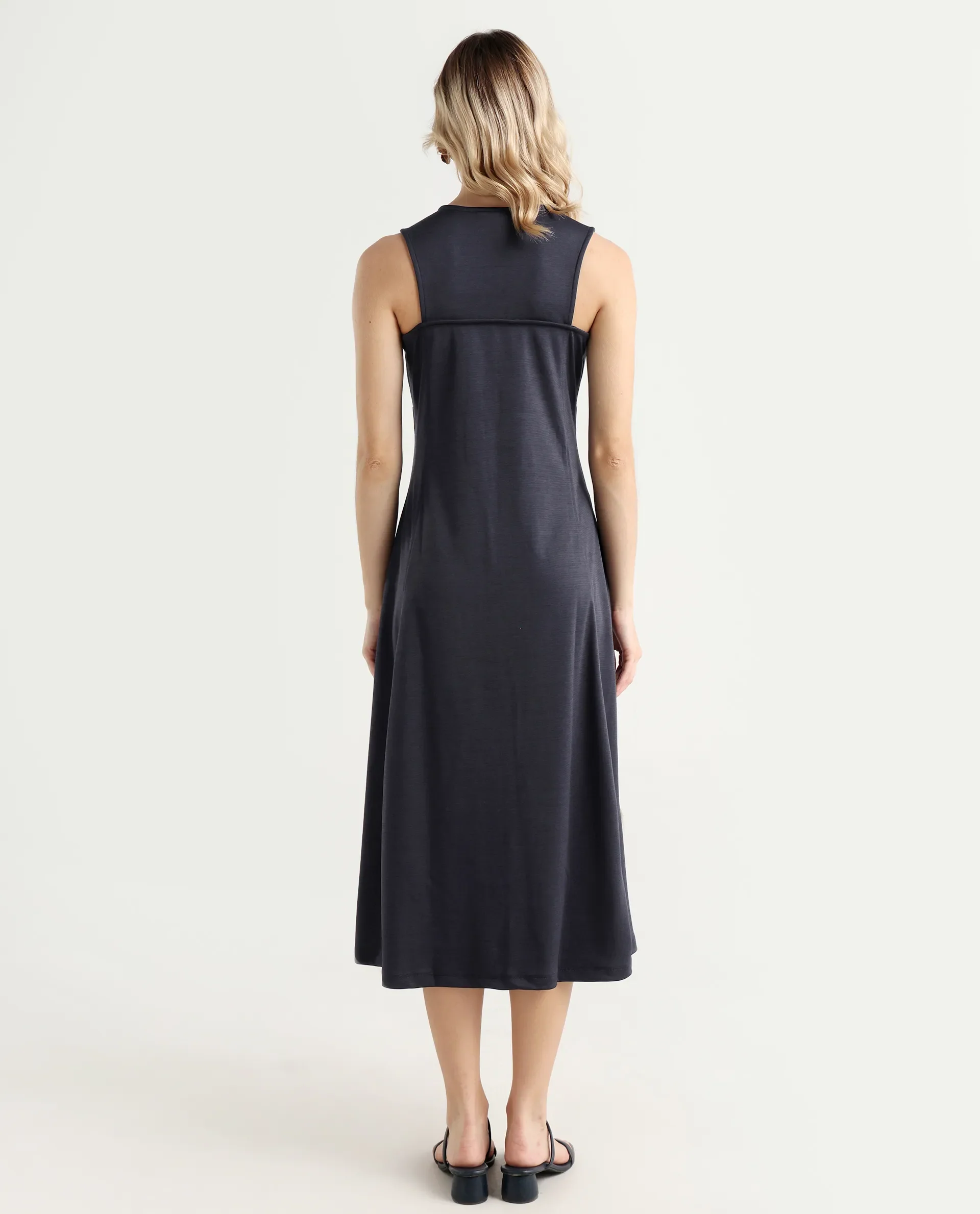 Rareism Women's Shoko Dark Blue Polyester Crew Neck Plain Sleeveless Midi A-Line Dress - Image 8