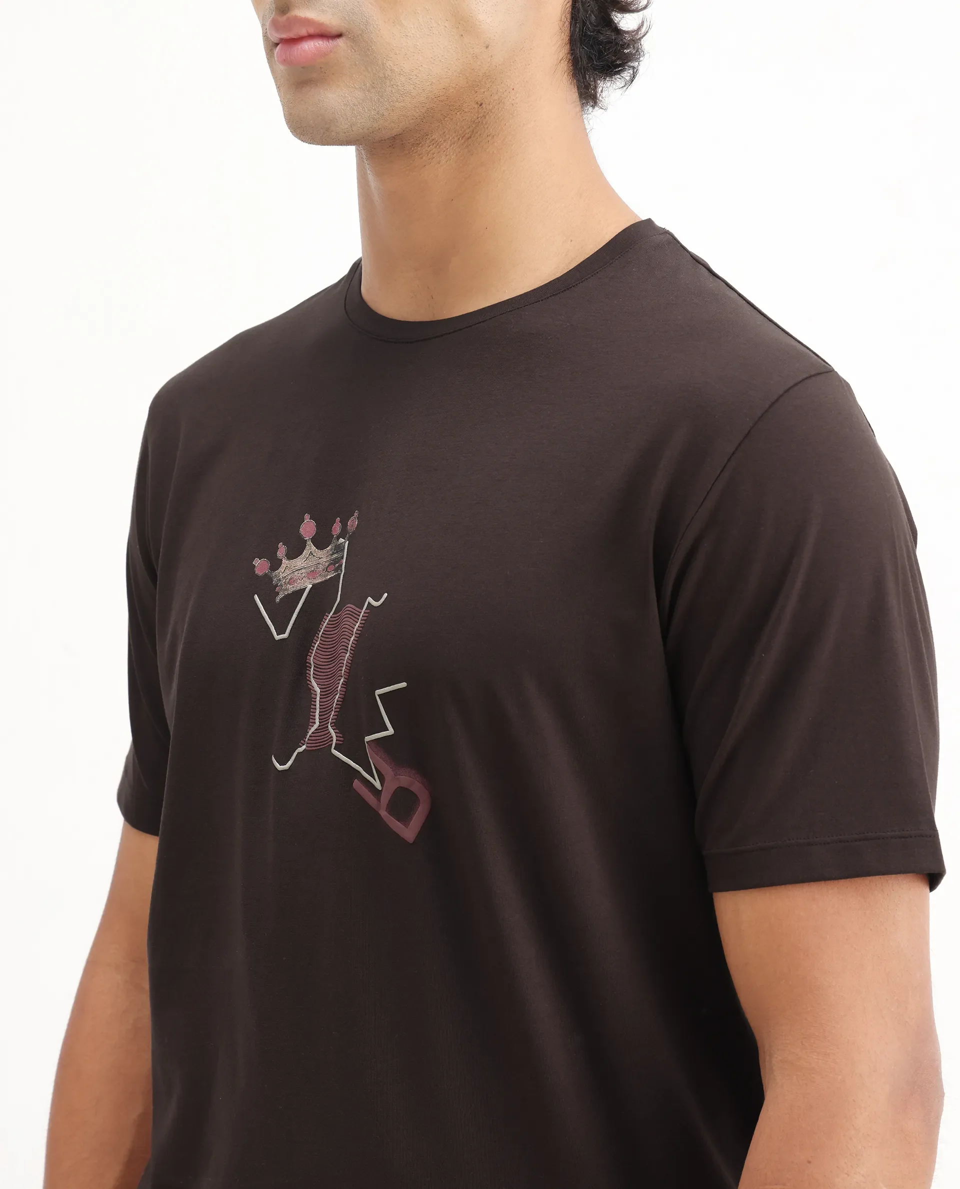 Rare Rabbit Men's Shone Dark Brown Cotton Blend Graphic Print Regular Fit Half Sleeve Crew Neck T-Shirt - Image 3